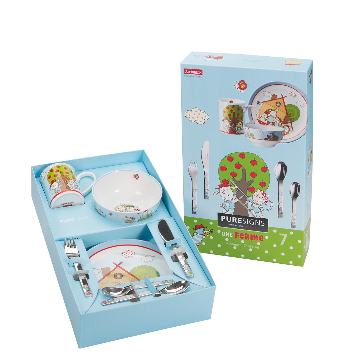 PURESIGNS Kindergeschirr-Set FERME (7-tlg), 1 Personen, Edelstahl 18/10, Porzellan, Plastikfreier Essgenuss für die Kleinen