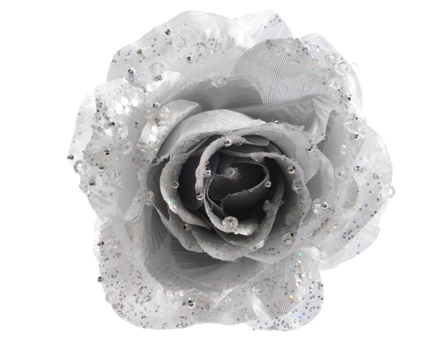 Kunstblume, Decoris season decorations, Kunstblumen Rose auf Clip 14cm silber