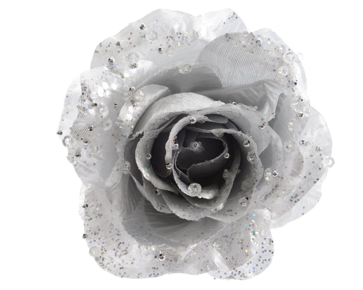 Decoris season decorations Weihnachtsbaumklammer, Kunstblumen Rose auf Clip 14cm silber