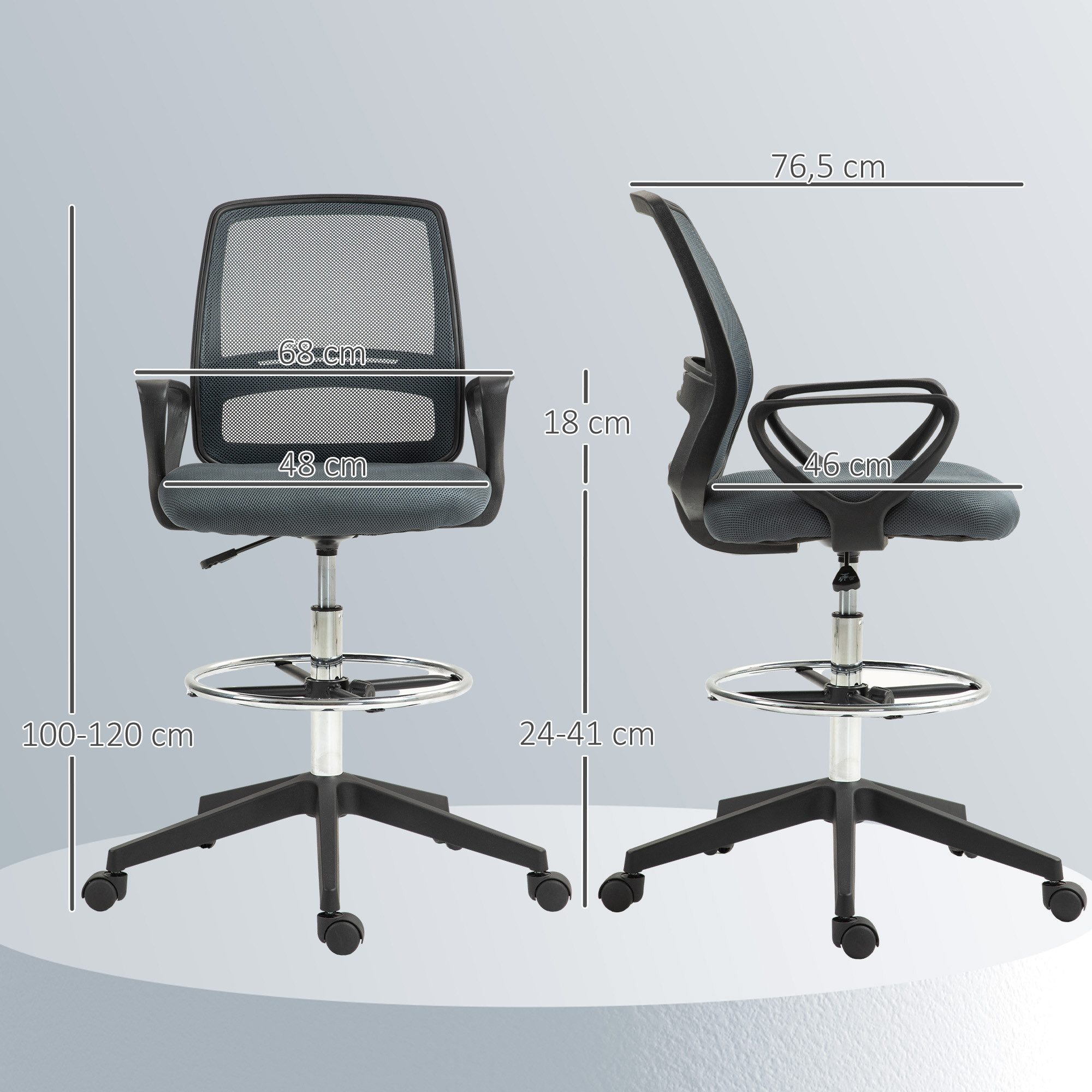 Vinsetto Bürostuhl mit Armlehnen, verstellbarer Fußring, Netzbespannung (ergonomischer Schreibtischstuhl, 1 St), für Arbeitszimmer, Büro, Grau