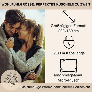 Grafner Heizdecke Grafner® Wärmedecke Flannel Fleece 200 x 180 cm Grau WD10967, einstellbare Temperaturstufen