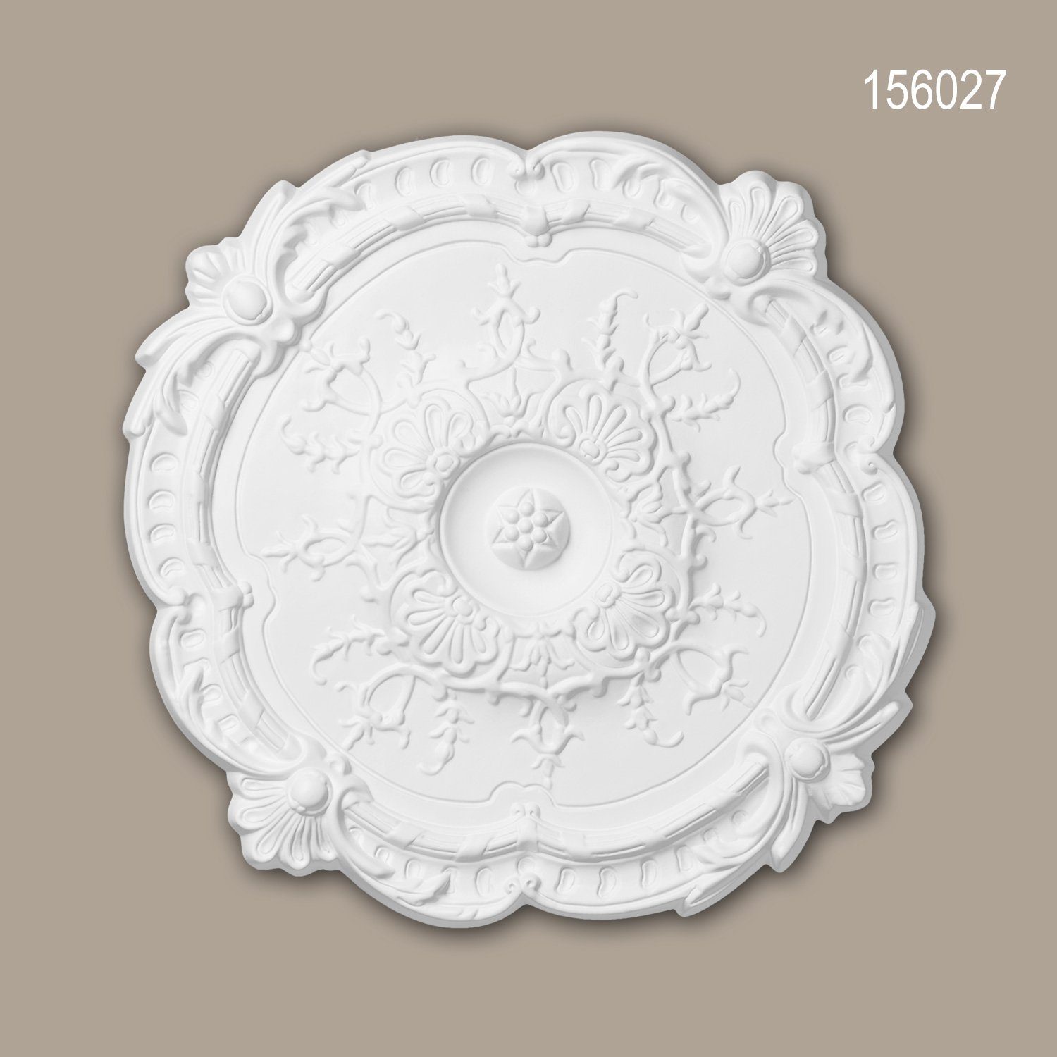 Profhome Decken-Rosette 156027 (Rosette, 1 St., Deckenrosette, Medallion, Stuckrosette, Deckenelement, Zierelement, Durchmesser 38,3 cm), weiß, vorgrundiert, Stil: Rokoko / Barock