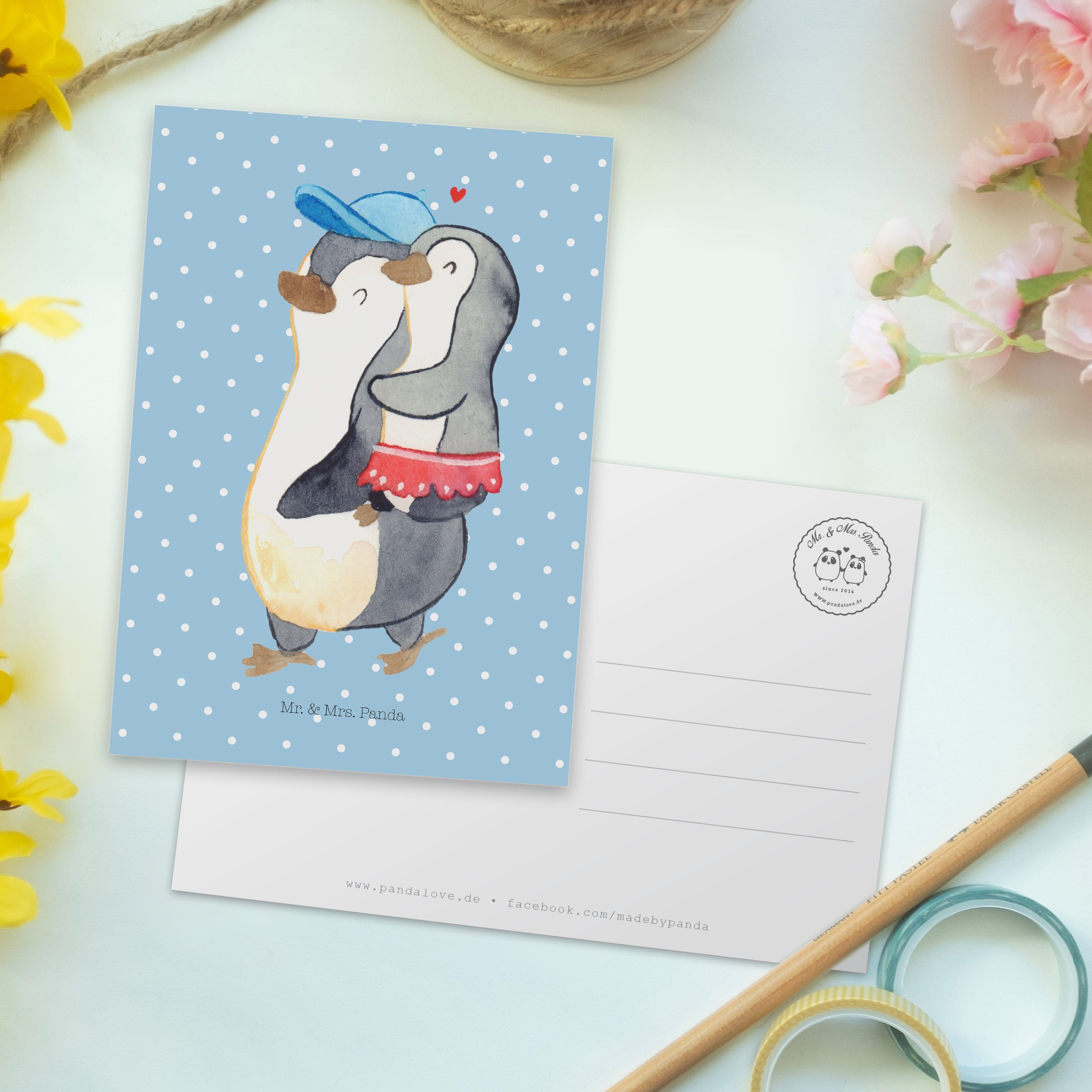 Mr. & Mrs. Pastell Schwester Kleine Pinguin Blau Postkarte - Geschenk, Panda Geschenkkarte, Ei 