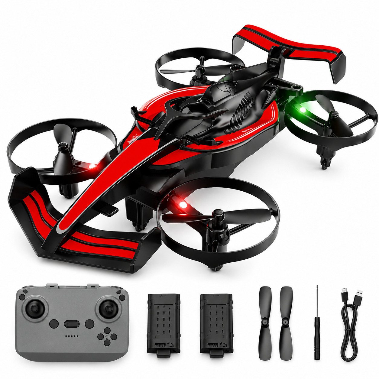 Goldstern-Tech RC-Quadrocopter (RC Flugauto Rennauto, 2-in-1 Drohnenauto mit Driftfunktion), LED-Licht, Headless Mode, Ein-Tasten-Start & USB-Akku