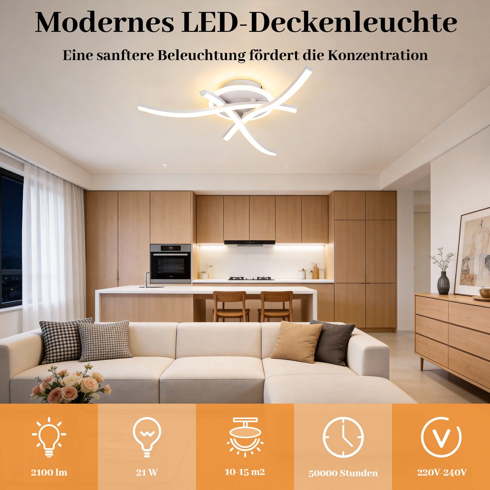 BlingBin LED Deckenleuchte 3 Flammig Modern Schlafzimmerlampe 21W Wohnzimmerlampe, Memory-Funktion, LED fest integriert, Warmweiß, Kaltweiß, Neutralweiß, Wellen Design Küchenlampe Innen Flurlampe für Wohnzimmer Küche