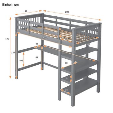 SOFTWEARY Hochbett Kinderbett mit Lattenrost (90x200 cm, Einzelbett mit Rausfallschutz) Holzbett aus Kiefer, Kinderbett, Jugendbett