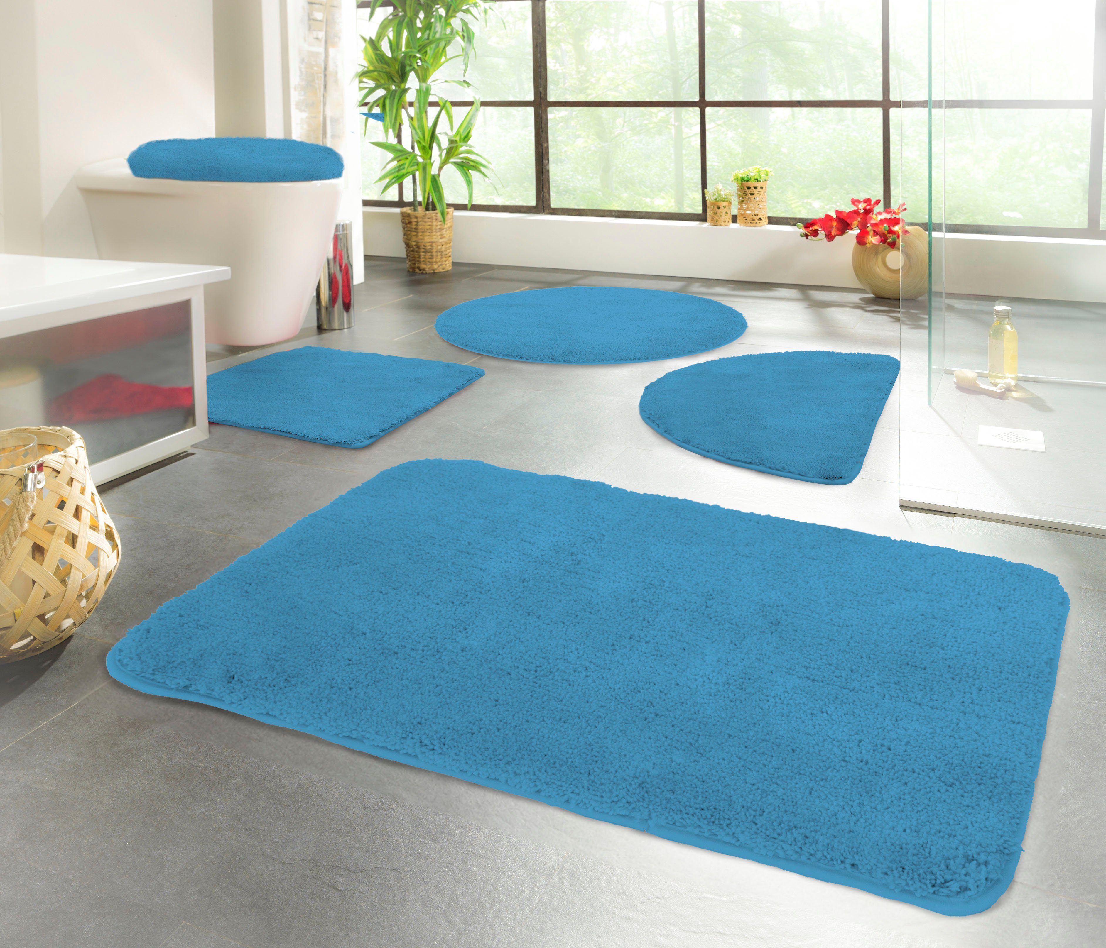 KiNZLER Badematte Chaozhou, Badvorleger, Badezimmer Teppich, Höhe 20 mm, rutschhemmend beschichtet, fußbodenheizungsgeeignet, Polyester, WC-Vorleger mit Ausschnitt, Badteppich, Uni Farben, weich, als rechteckig, rund & Set erhältlich