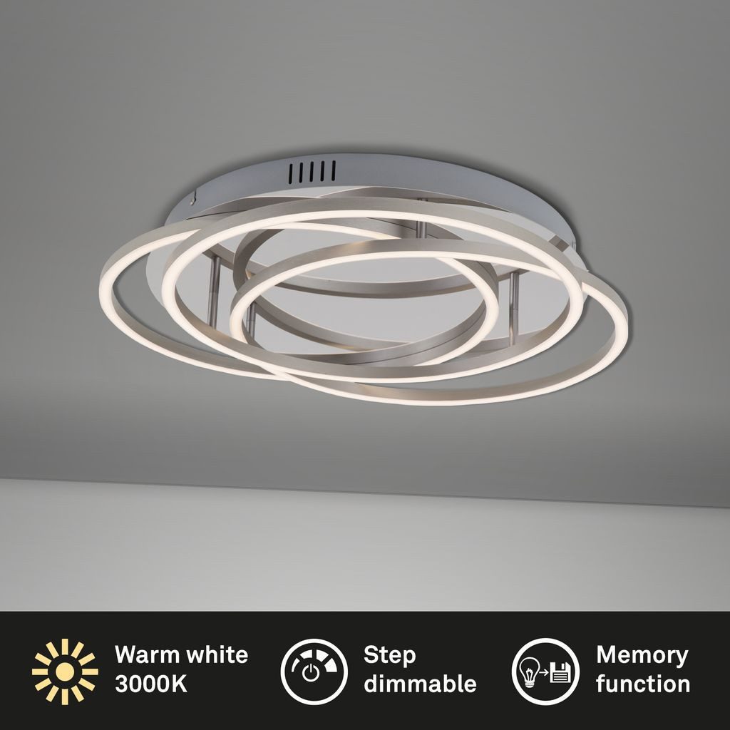 Briloner Leuchten LED Deckenleuchte 3248-018, Dimmfunktion, LED fest integriert, 2700K - Extra-Warmweiß, in Stufen dimmbar, Memoryfunktion, aluminium, Warmweiß 3000K