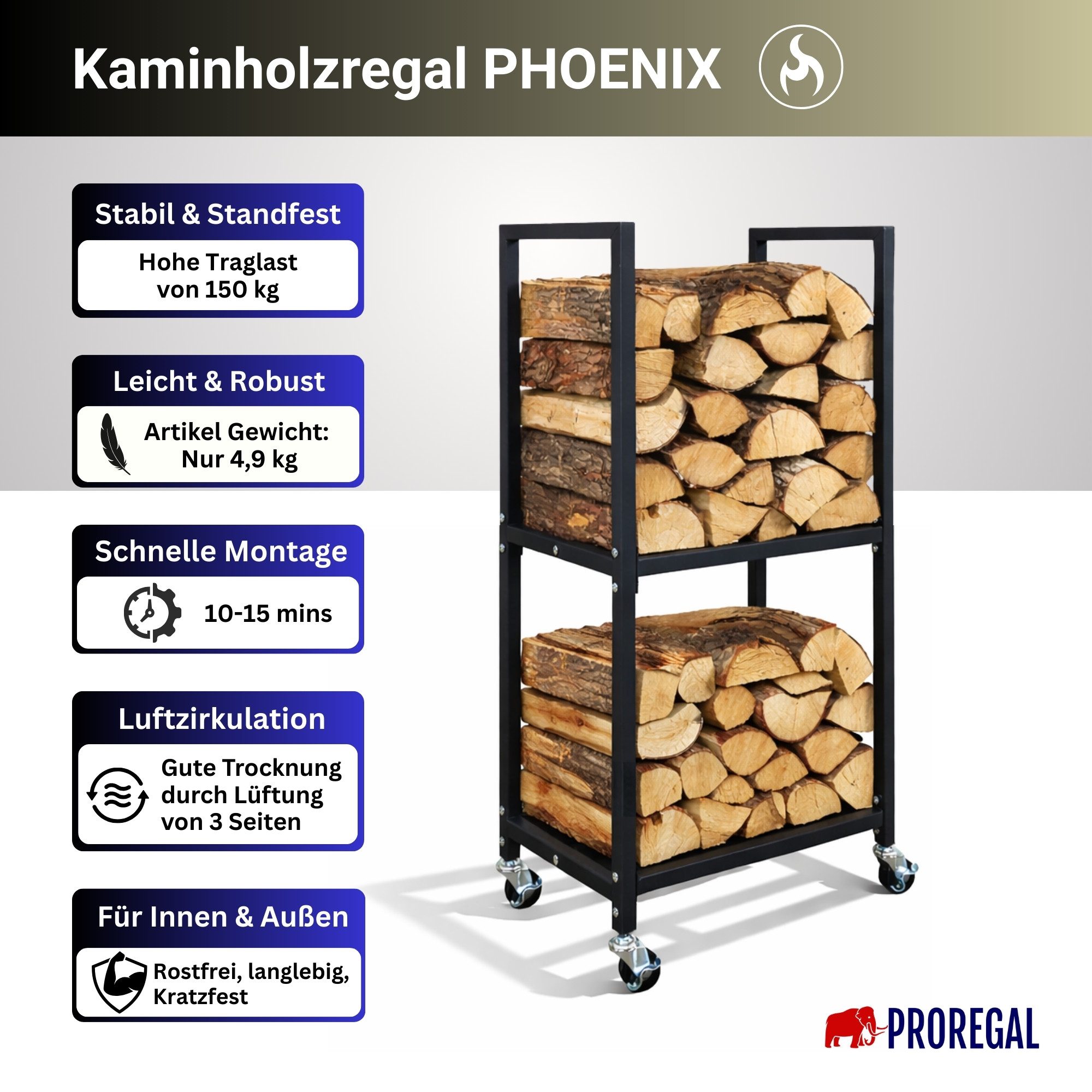 PROREGAL® Kaminholzregal PHOENIX mit Rollen & 2 Ebenen 82x44x28cm Metall Schwarz Holzständer, BxTxH:44x28x82 cm, Holzständer Holzhalter Kaminholzständer Brennho – Bild 2 von 5