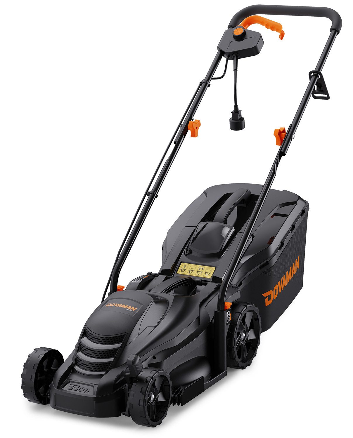 DOVAMAN Elektrorasenmäher 1300W Elektro Rasenmäher 33cm Stahlmesser 5-fach Höhenverstellung, 33 cm Schnittbreite, 35L Fangkorb 3600RPM