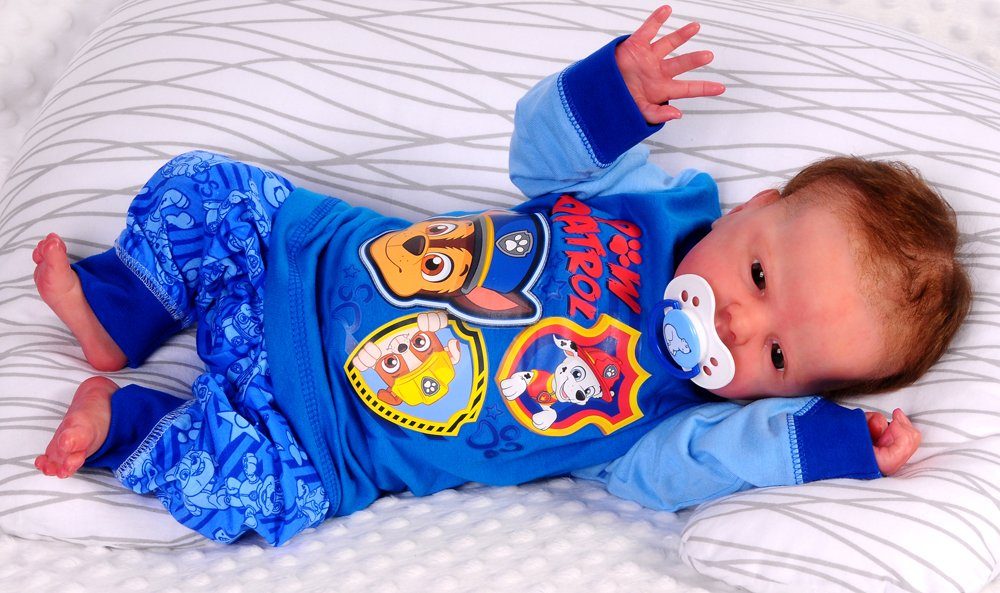 Pyjama Schlafanzug Hose Shirt für Babys und Kleinkinder in Blau mit Hunden aus reiner Baumwolle, 62 68 74