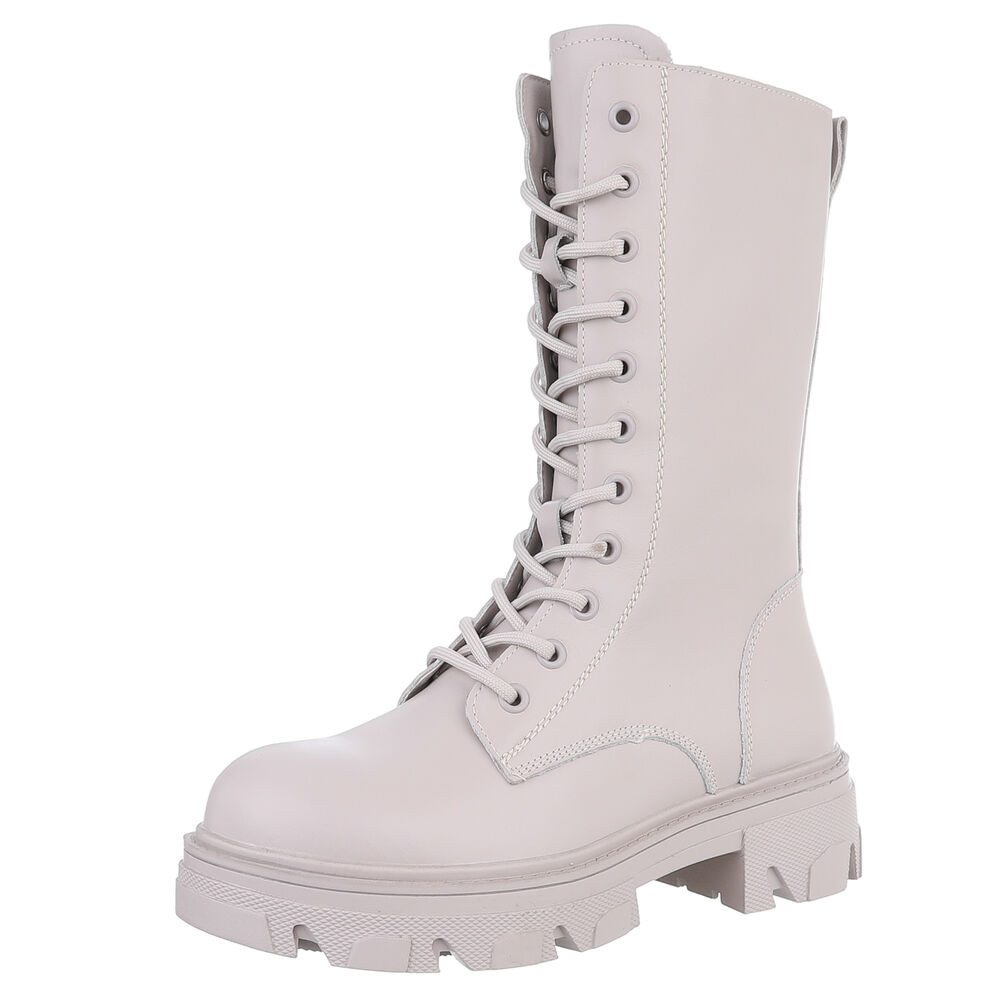Ital-Design Damen Freizeitschnürschuhe aus echtem Leder Schnürstiefelette (88489292) Blockabsatz Stiefeletten in Beige