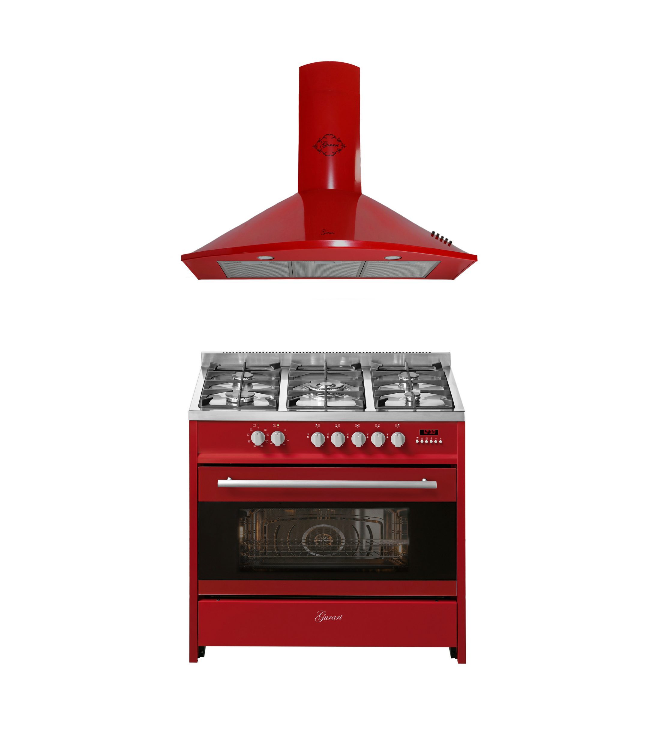 GURARI Gas-Standherd Gas Elektro Standherd 90 cm, 8 Funktionen, Rot mit Dunstabzugshaube 90 cm 1000m³/h, Rot GCH E 911 R + GCH 046 RD 9.., mit 1-fach-Teleskopauszug, Gas Elektro Standherd 90 cm+Dunstabzugshaube 90 cm