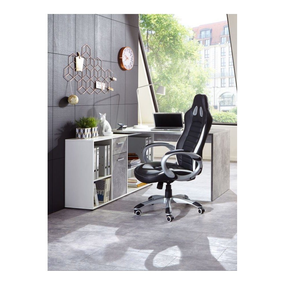 FMD Möbel Schreibtisch Lex Beton grau Light Atelier/Weiß Dekor Schreibtisch Büro Winkelkombination Ecktisch Tisch FMD