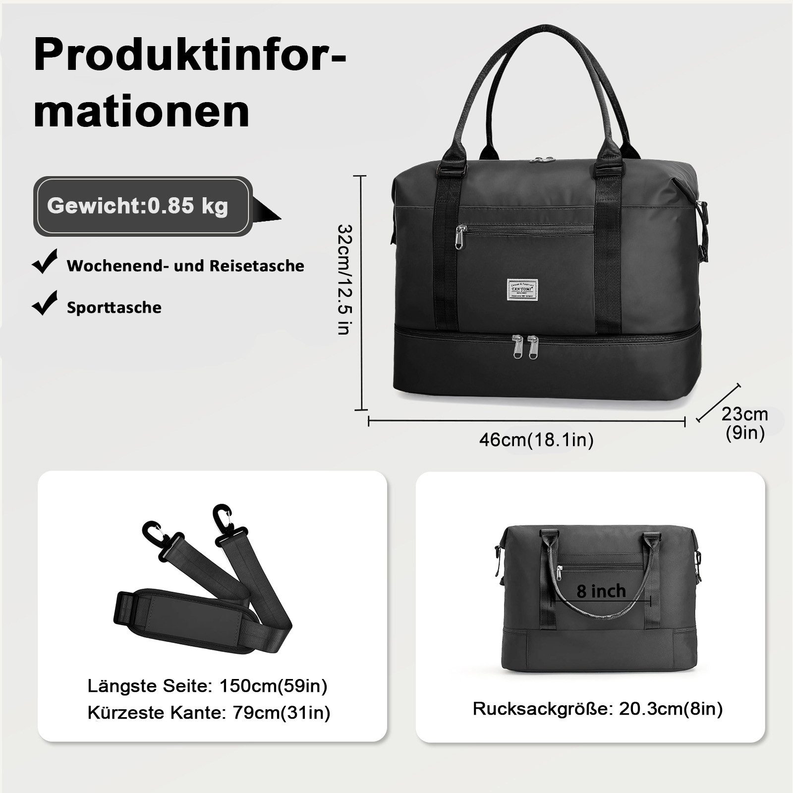 TAN.TOMI Reisetasche Wasserdicht Travel Duffle Bag 46x46x23 Tragetasche Sporttasche (Erweiterbar mit Trolley-Ärmel und Nasstasche), Fitnesstasche Trainingstasche Krankenhaustasche mit Schuhfach