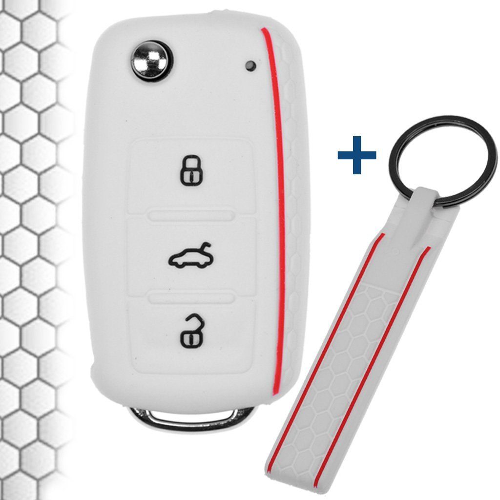 mt-key Schlüsseltasche Autoschlüssel Silikon Schutzhülle mit passendem Schlüsselband, für VW SEAT Skoda Golf 6 Octavia UP Leon ab 11/2009 3 Tasten Weiß