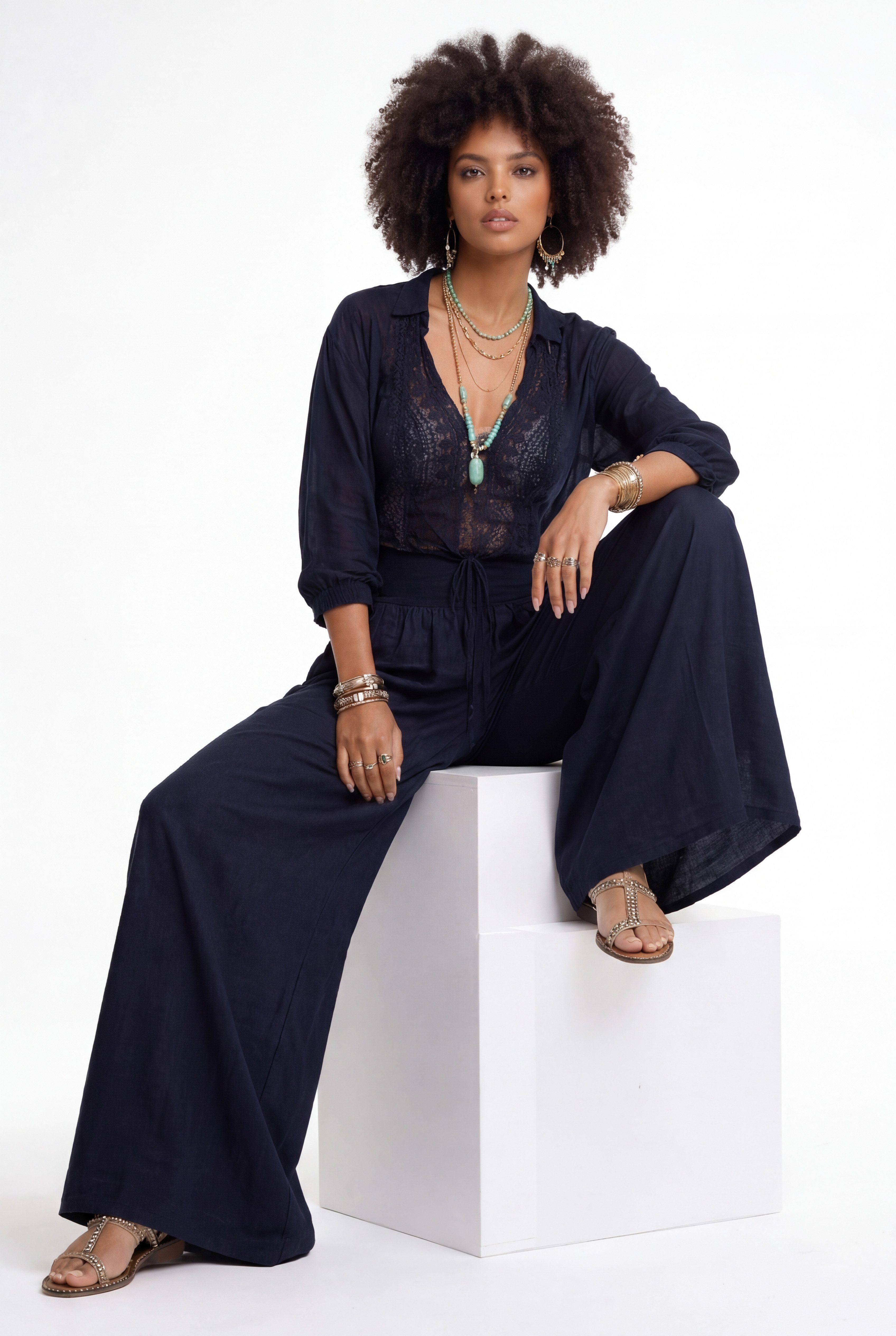 Leinenhose Palazzo Hose weit – Sommerhose mit elastischem Bund und Taschen