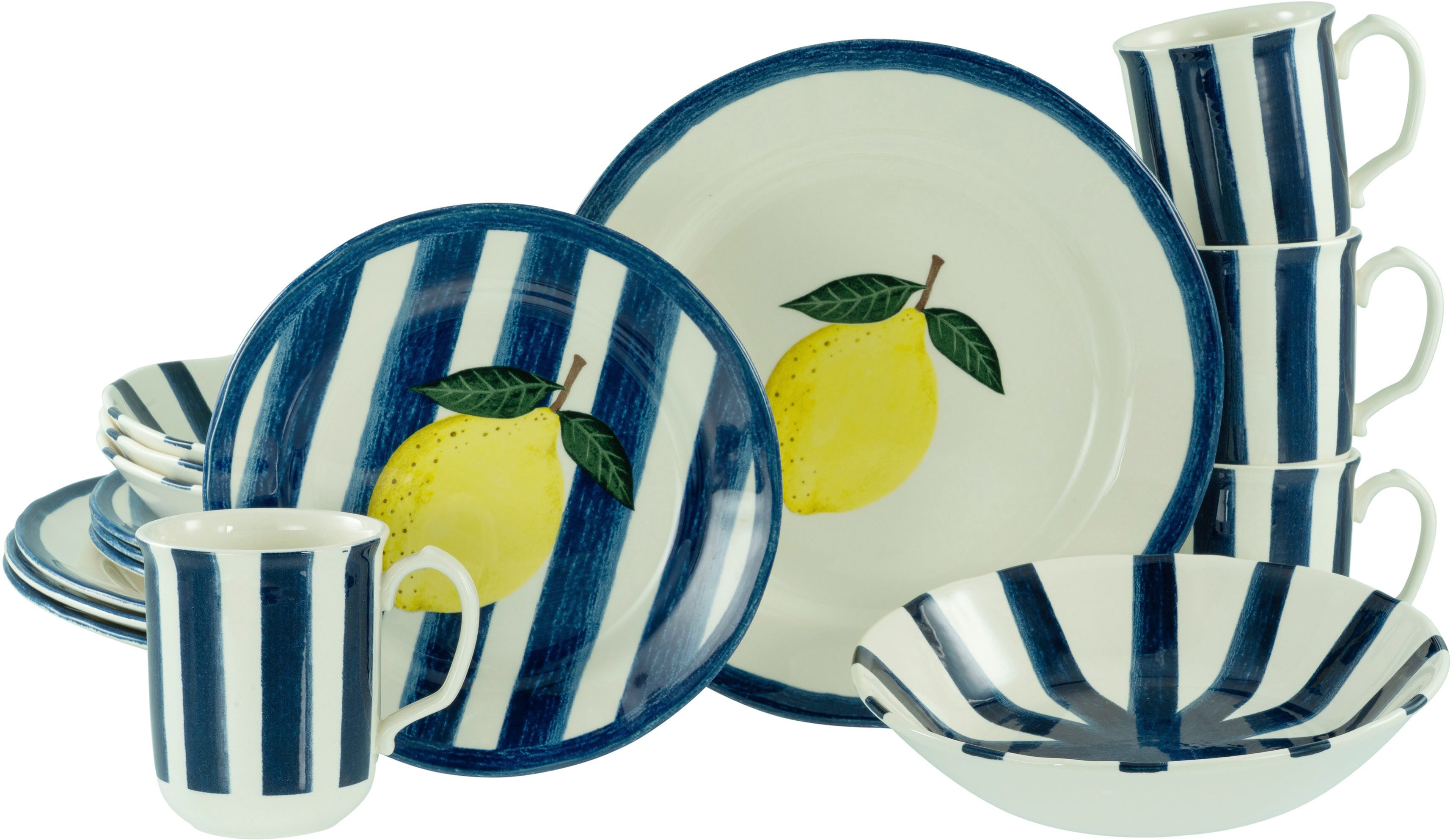 CreaTable Kombiservice Summer Stripes, Service 16-tlg. (16-tlg), 4 Personen, Steingut, Moderne Fahnenform, Frisch- Fröhliche Farbkombination