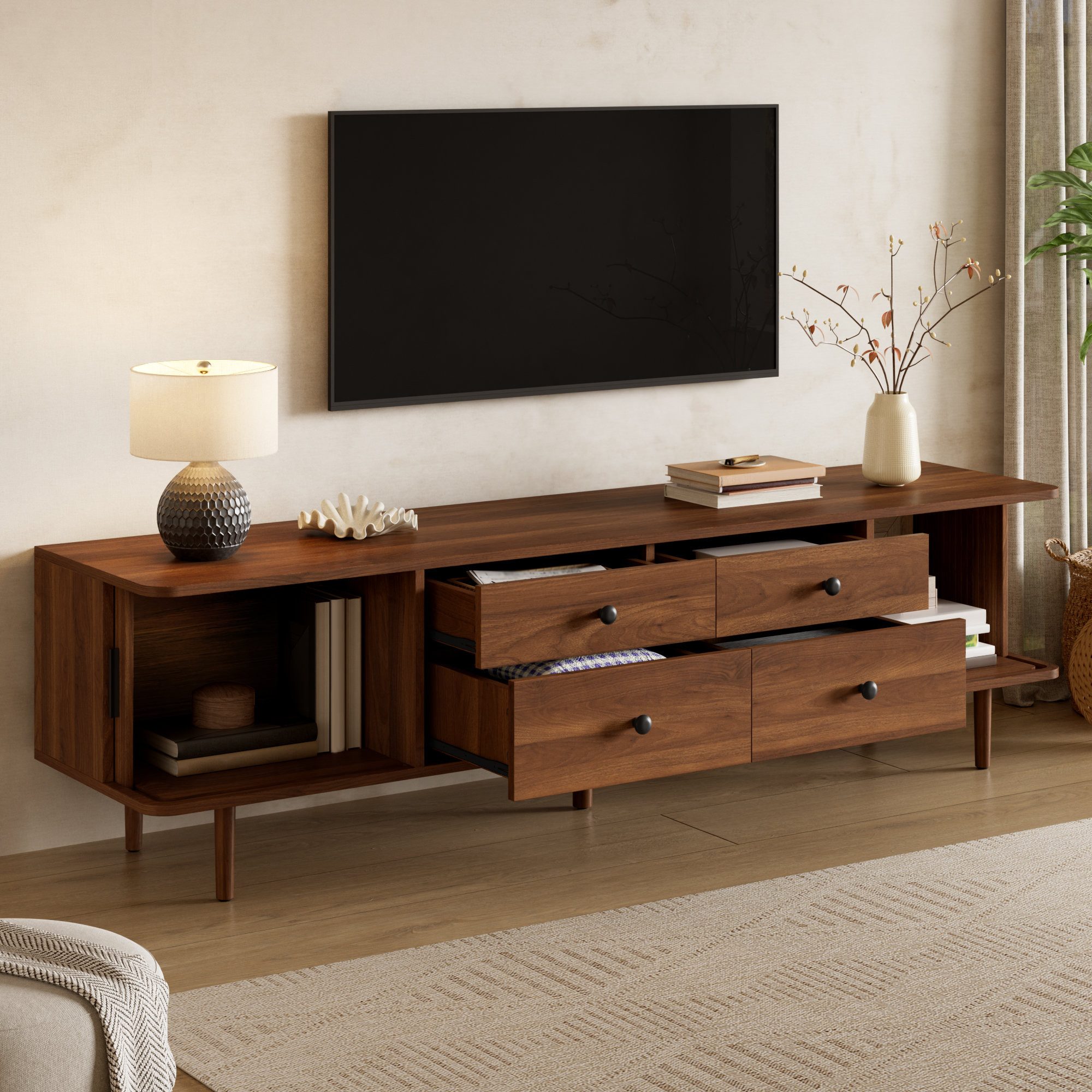 Odikalo TV-Schrank Lowboard Fernsehschrank runde Ecken mit Schubladen Schiebetüren (TV-Lowboard 165 cm MDF Wohnzimmerschrank mit 4 …