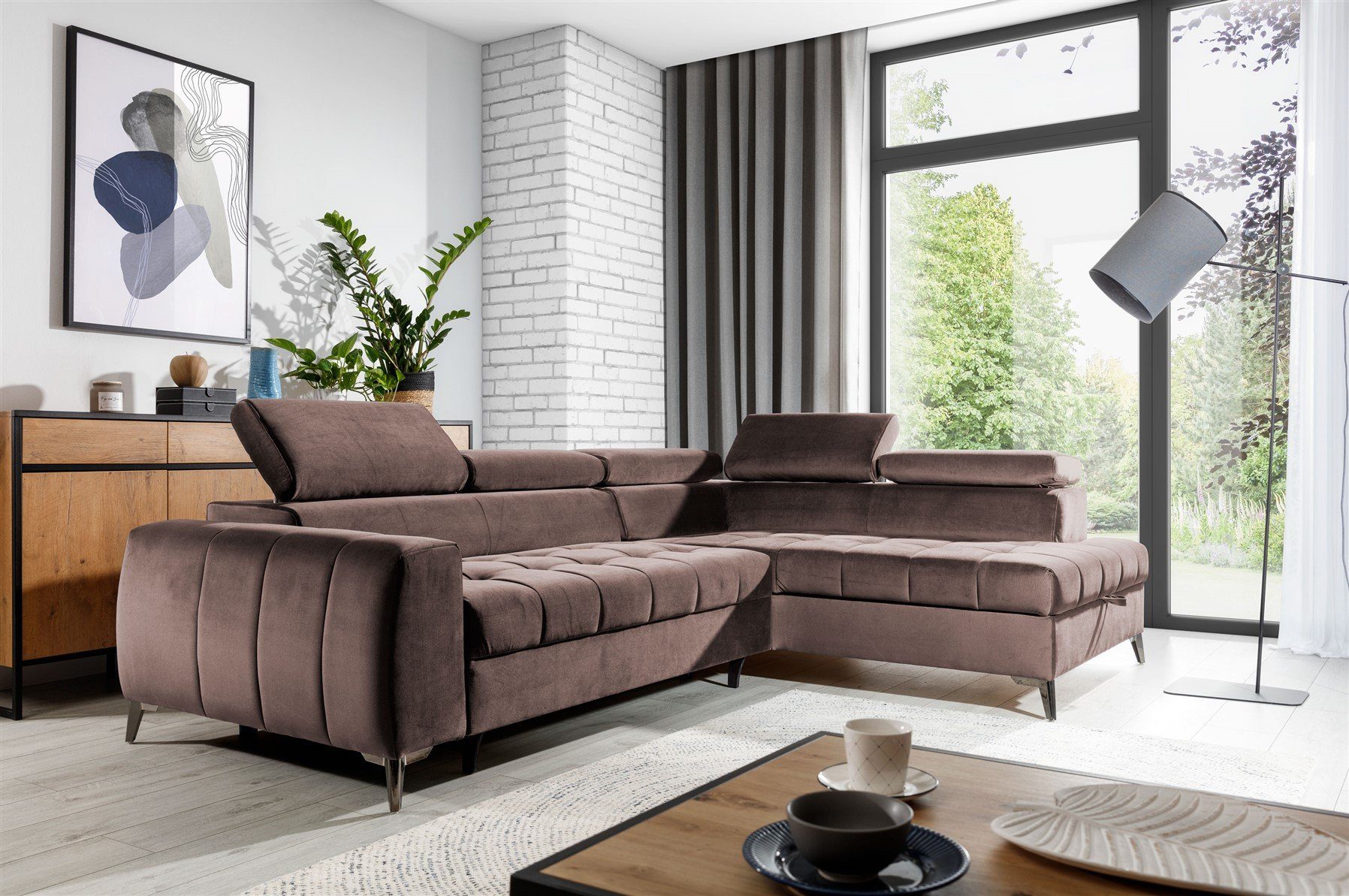 Fun Möbel Ecksofa Ecksofa Schlafsofa AGNESA mit Ottomane in Stoff, mit Schlaffunktion, einstellbare Kopfstützen