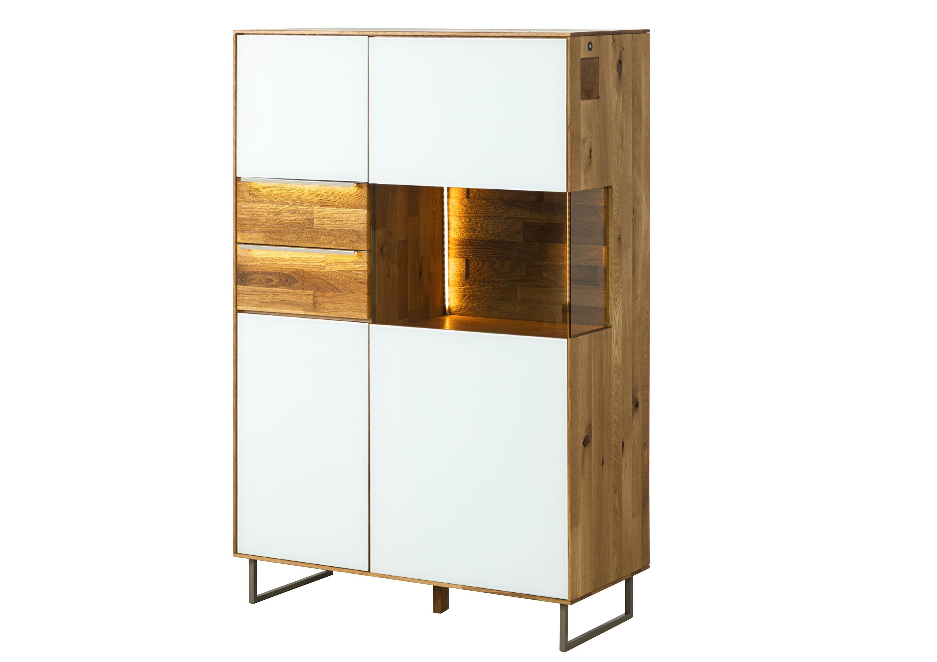 Massivmoebel24 Highboard (Massivholz), Wildeiche 94x43x144 natur geölt / Glas weiß WIEN #125