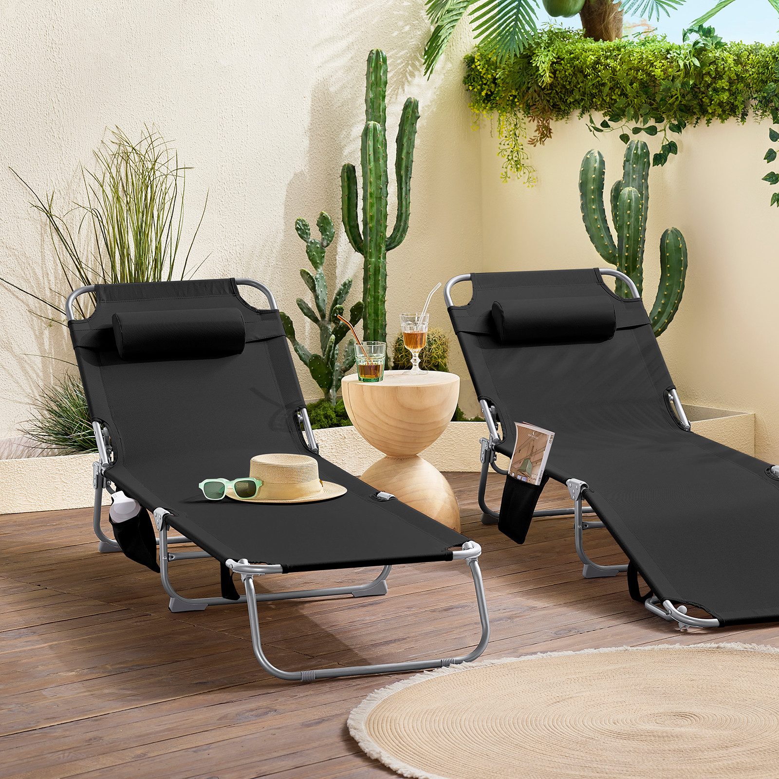 SoBuy Gartenliege Sonnenliege klappbar, Liegestuhl Relaxliege Gartenmöbel Terrasse, Große Sonnenliege, klappbarer Liegestuhl, mit Kopfstütze, verstellbar