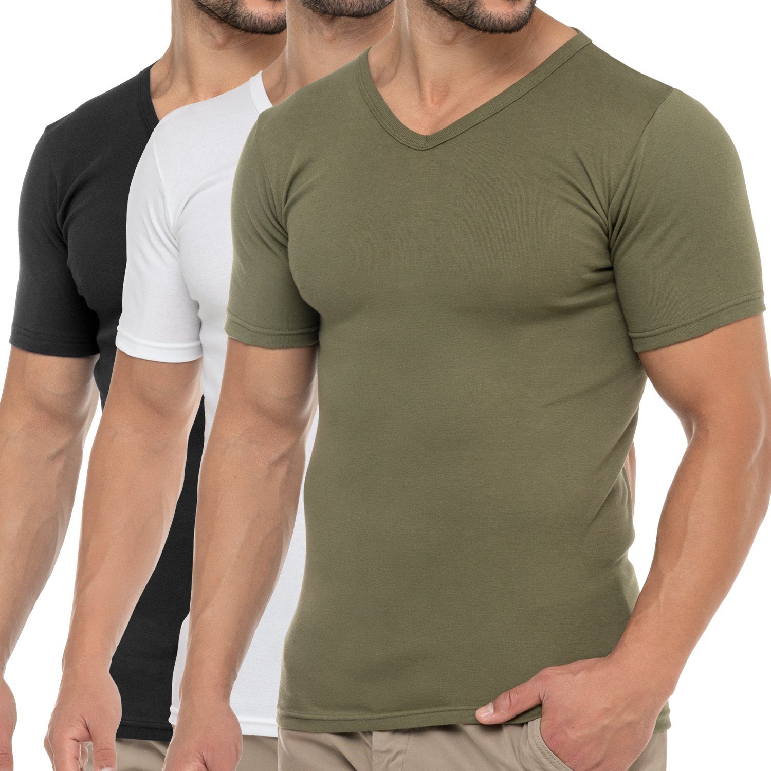 Schwarz V-Neck Feinripp T-Shirt Baumwolle Herren Weiss / Kurzarmshirt Olive (1er/3er) celodoro / Business