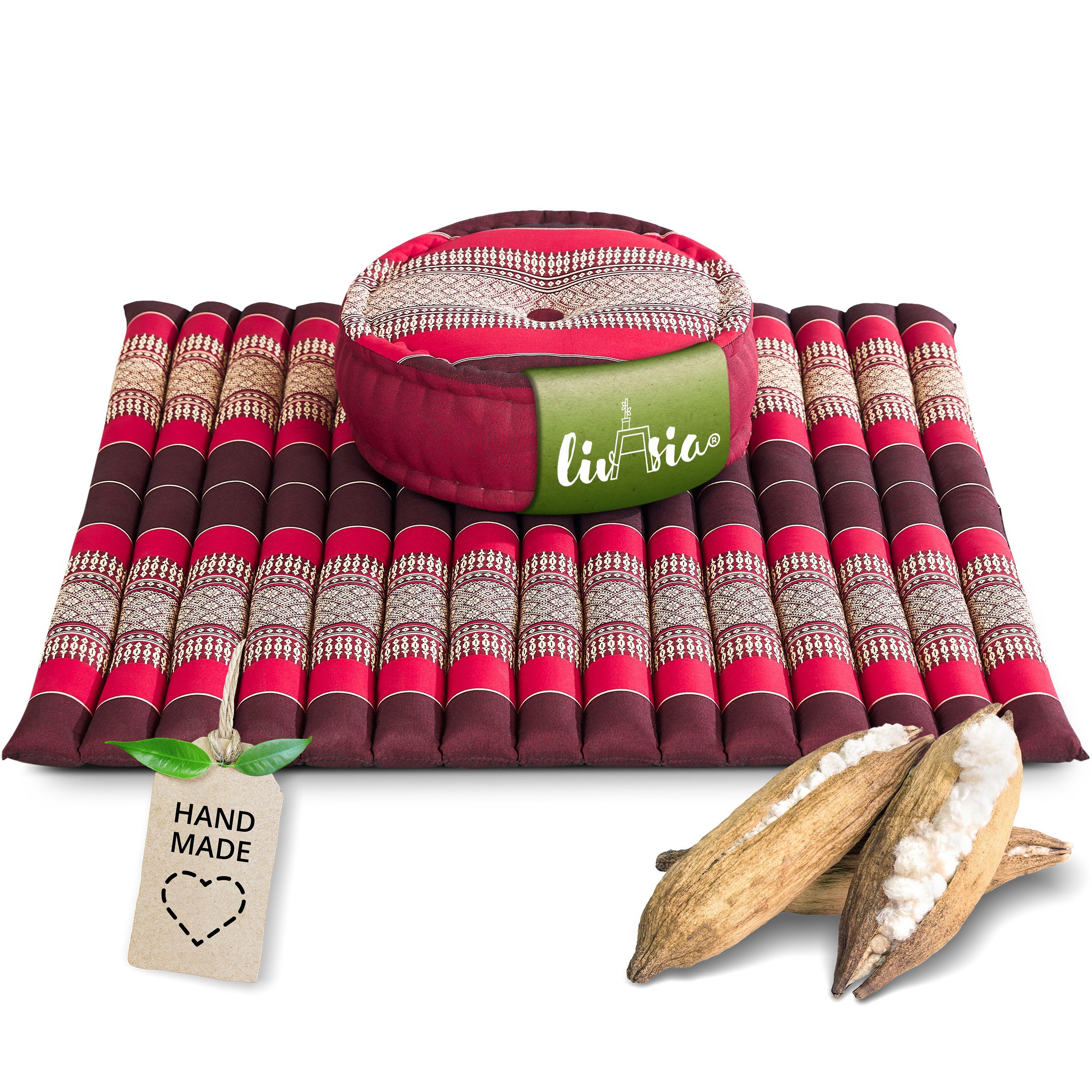 livasia Meditationskissen Yogakissen Set XL - Zafu Ø 38x15cm / Matte 75x75x4,5cm, Kapok, vegan, handgefertigt