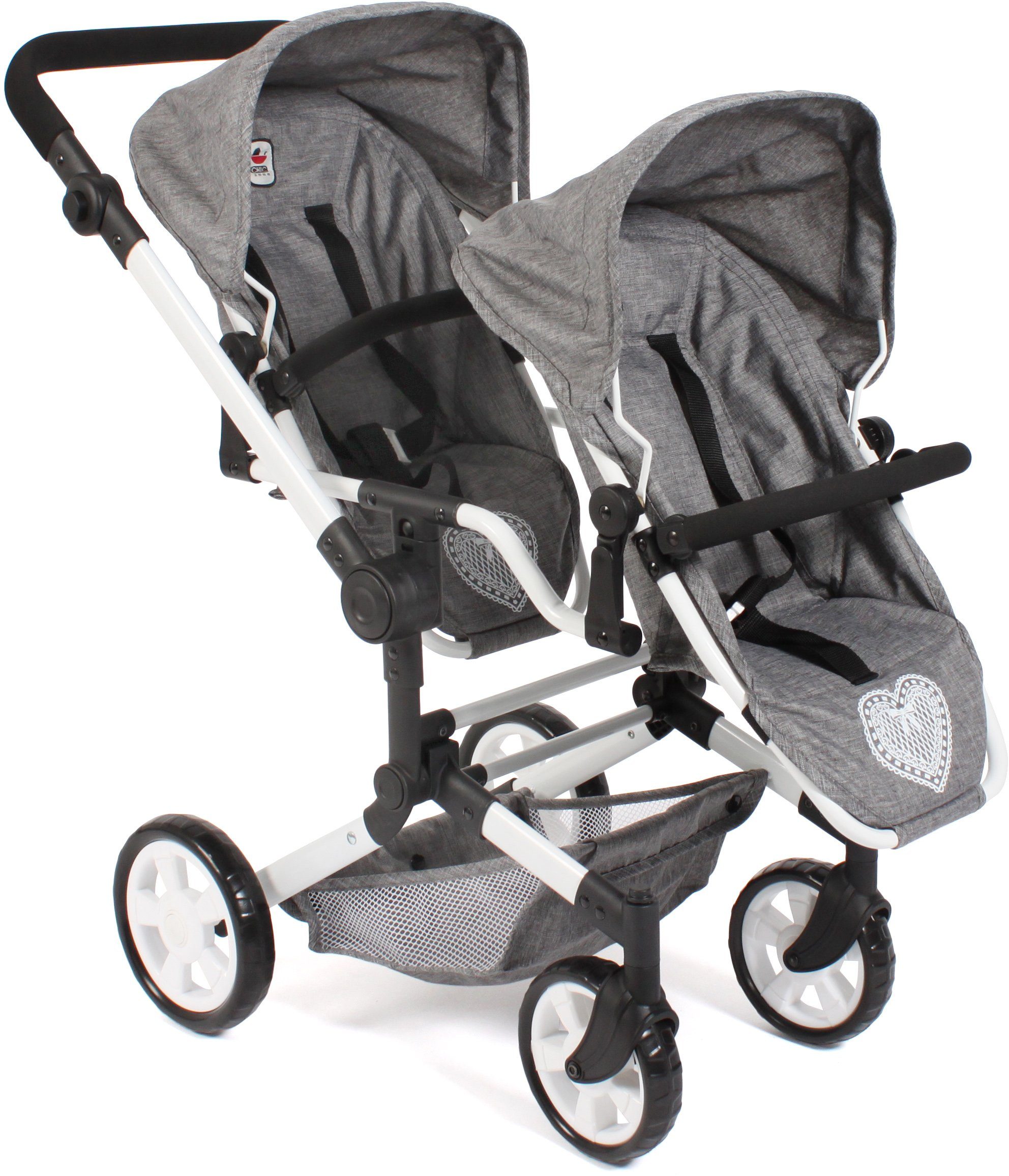 CHIC2000 Puppen-Zwillingsbuggy Linus Duo, Jeans Grey, mit zwei abnehmbaren, bis in Liegeposition verstellbaren Sportsitzen