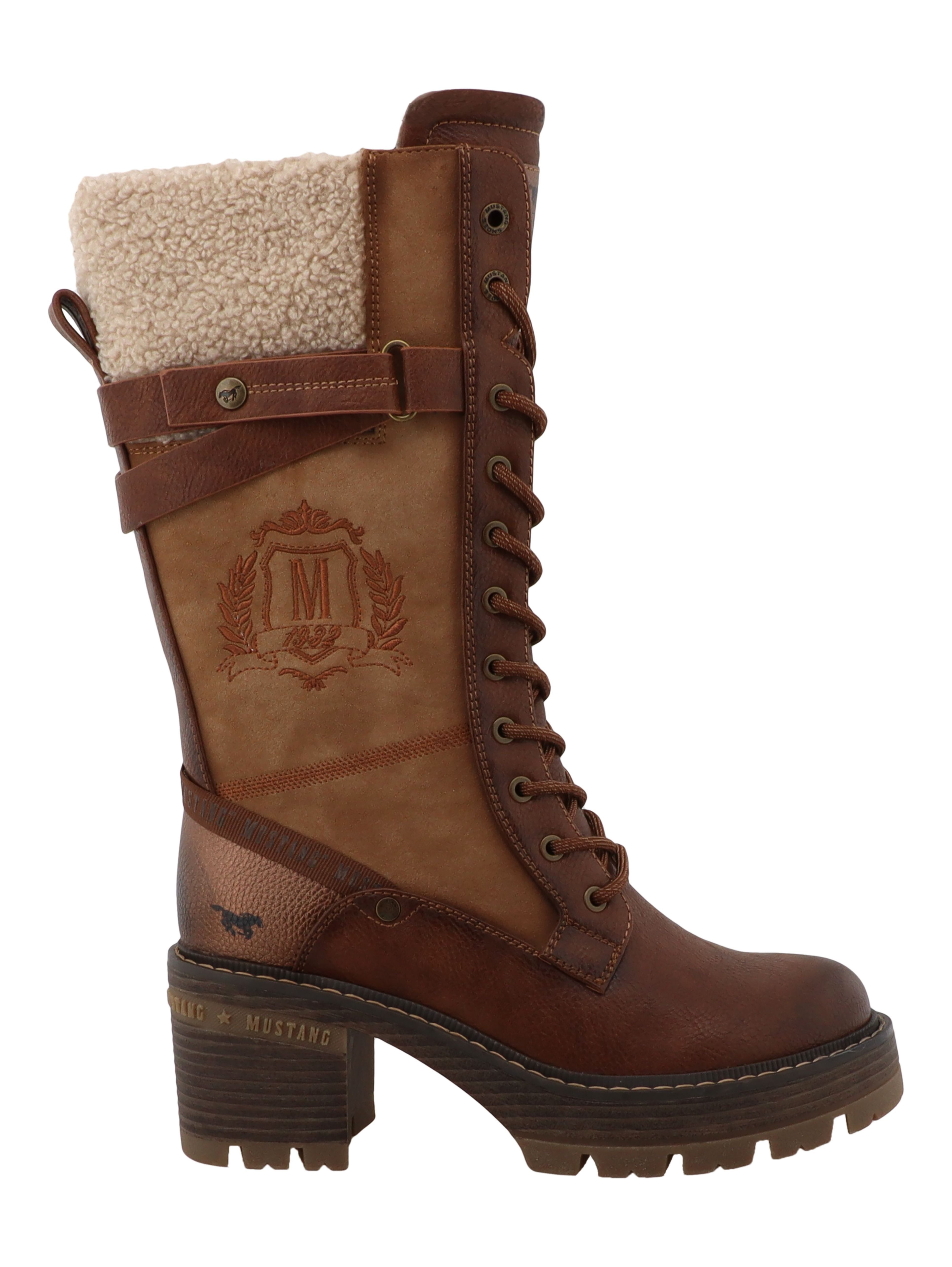 Mustang Shoes Stiefel Winterstiefel Blockabsatz, Schnürstiefel mit Warmfutterkragen und Zierschnalle