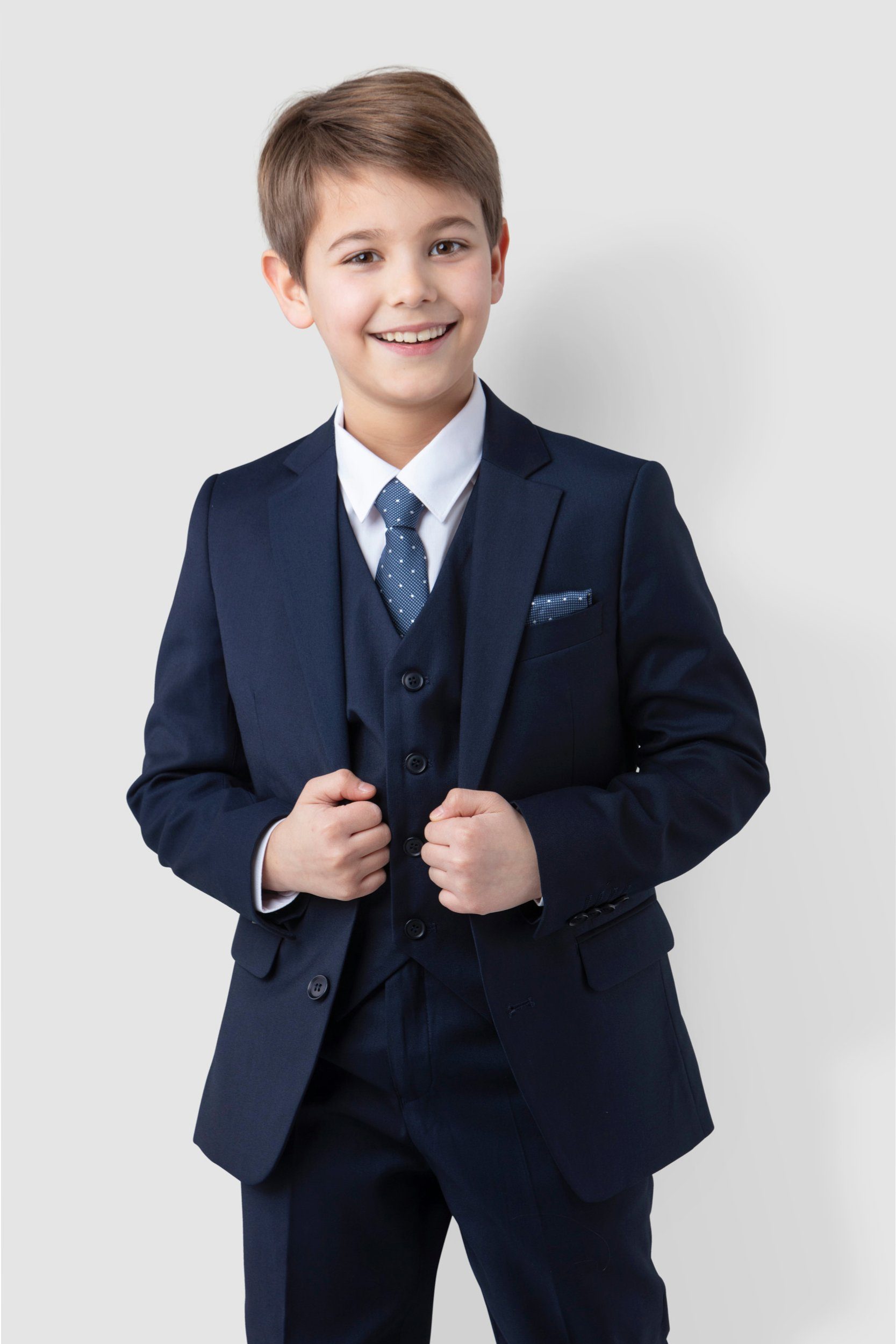 Melli-Trends Kinderanzug Luxuriöser Jungen Anzug, Kommunionanzug, 6-teilig, in Dunkelblau (Sakko, Weste, Hemd, Hose, Krawatte und Einstecktuch) festlich, elegant