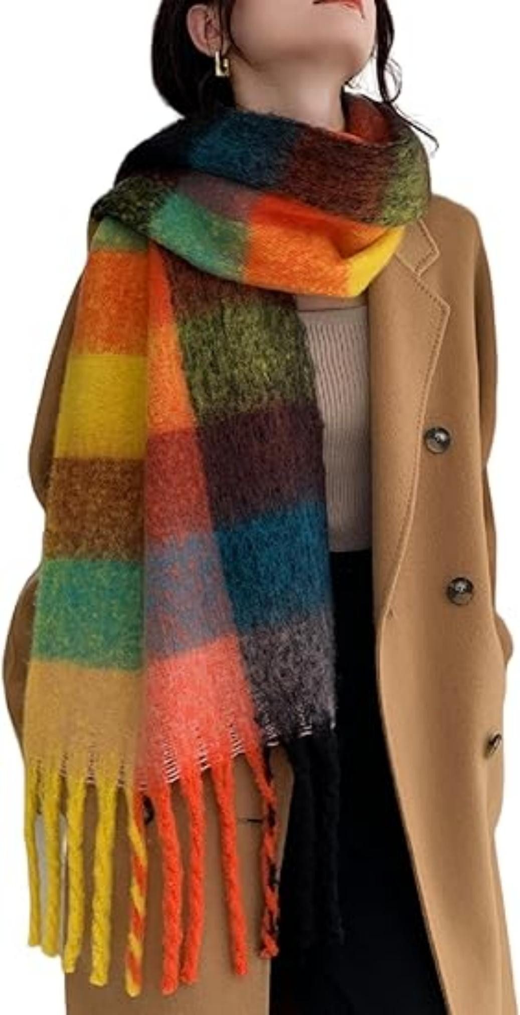 Oemmn Wollschal Damen Schal,kuschelweich Karo,Winter Schal Poncho Qualität mit Fransen