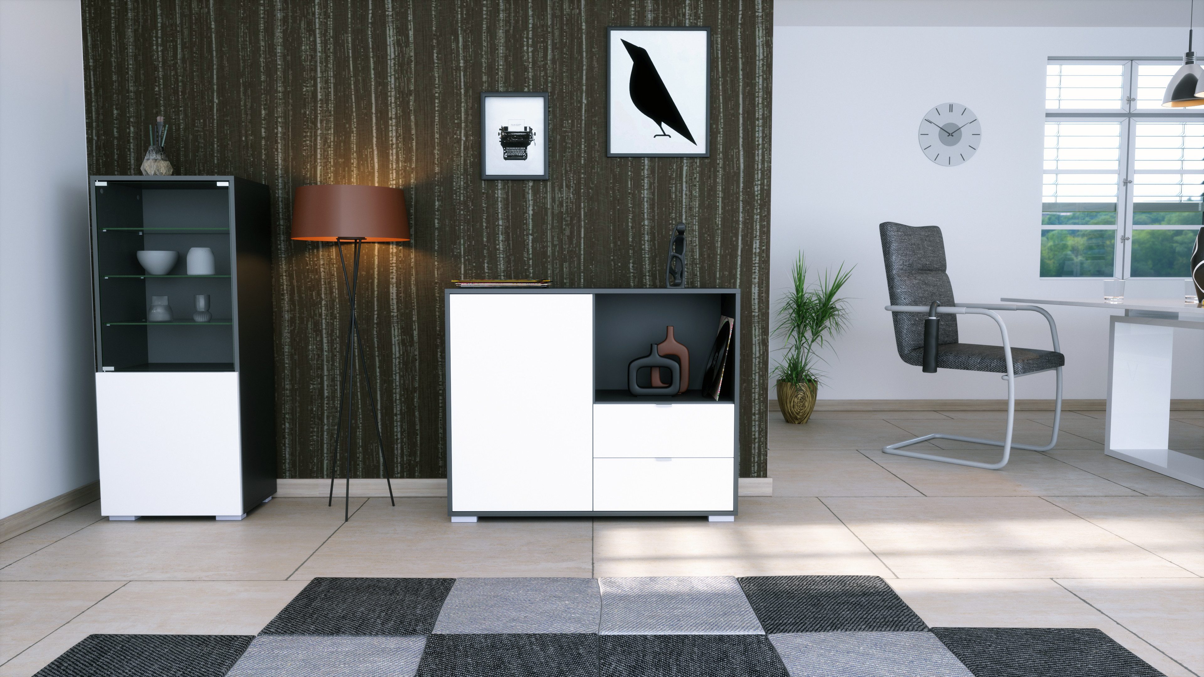 Vladon Kommode Milano (Kommode mit 1 Tür Weiß matt, 2 Schubladen Weiß matt, Made in Germany), Korpus Anthrazit matt (103 x 83 x 37 cm)