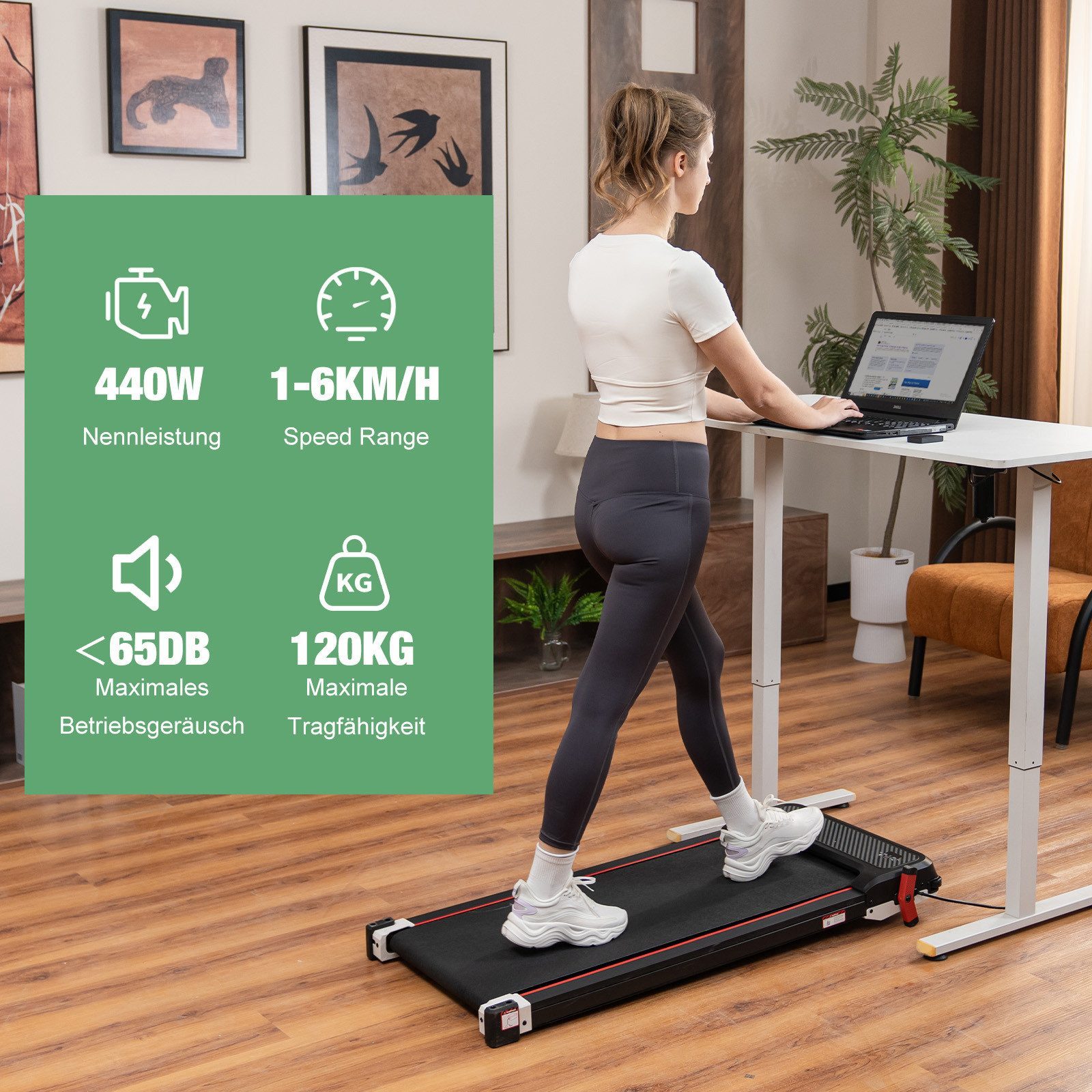 CITYSPORTS Laufband Heim-Laufbänder mit Steigung, beidseitig, mit Fußmassagematte-Funktion (Mit Tools und Schmiermitteln), 440W Bürstenloser Motor, 1-6KM/H, max. Last 120KG, Walking/Jogging Pad