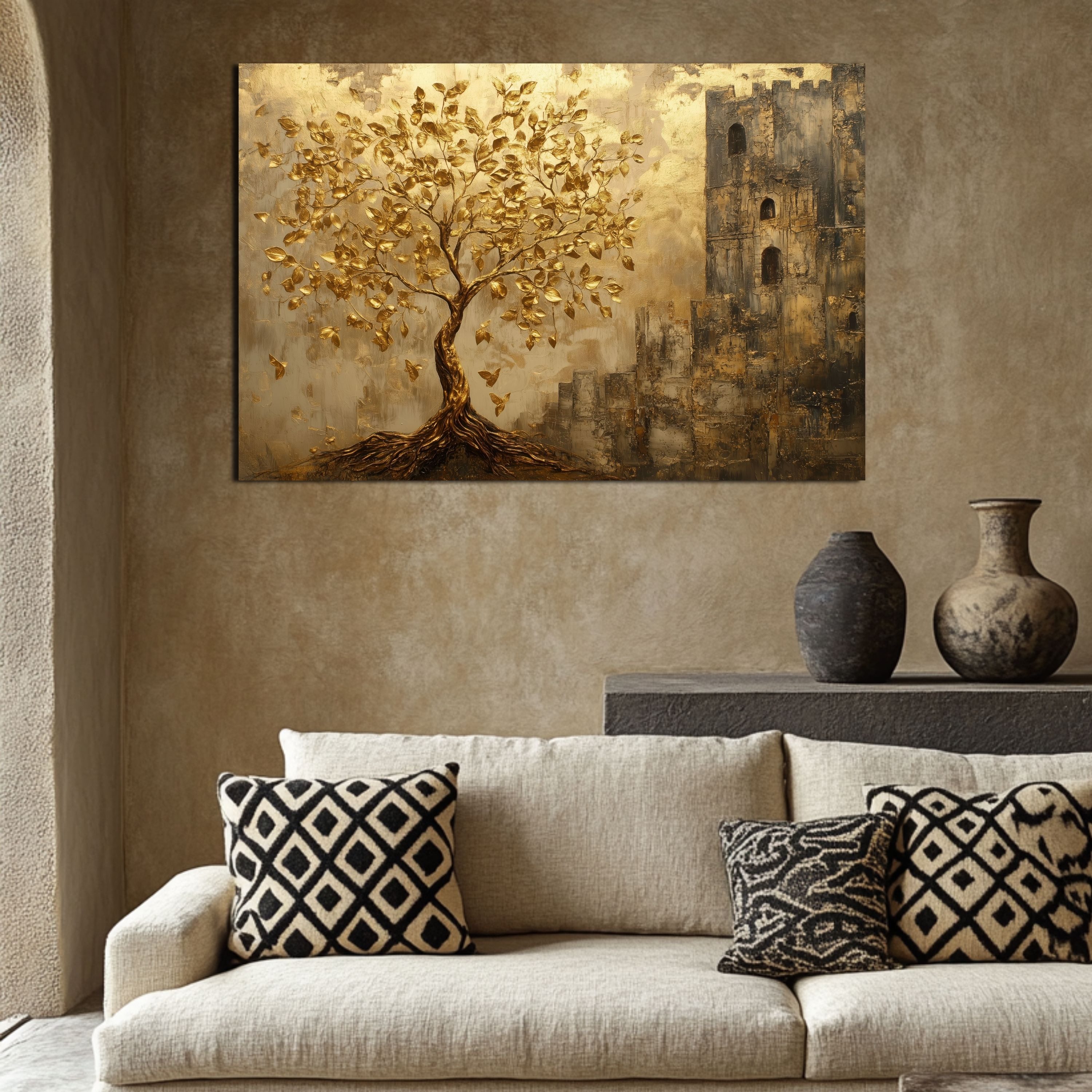 DARO Design Leinwandbild Modern Abstrakt Wandbilder XXL Wandbild Wand Deko Leinwand Bilder, (Baum goldene Blätter- Bild groß Wohnzimmer Schlafzimmer Küche Esszi – Bild 5 von 5