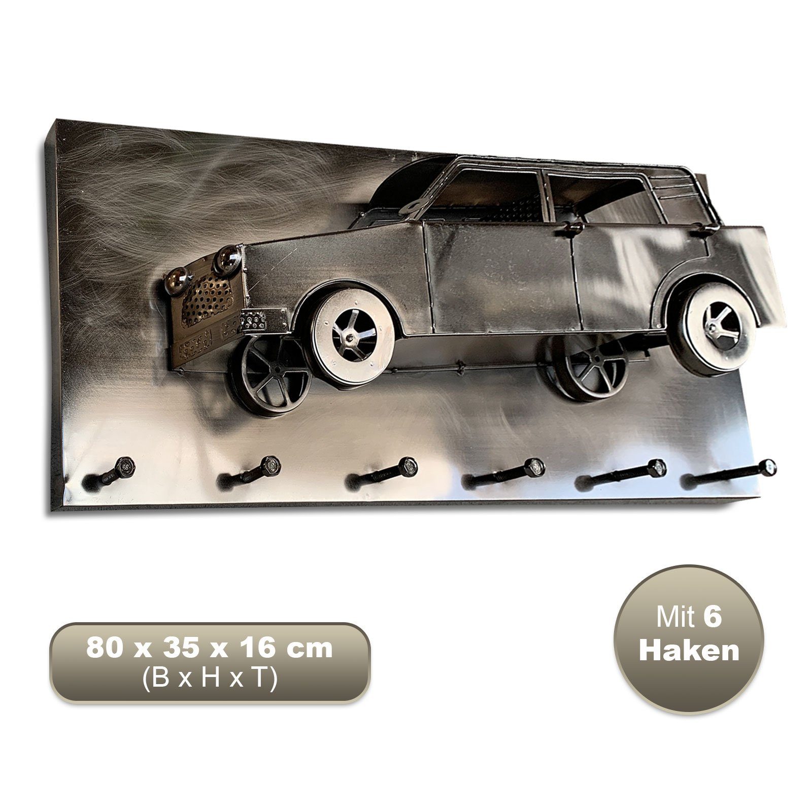 HAKU Wandgarderobe Große Hakenleiste mit Klassischem 3D Motiv - 3D Wandbild, 6 Haken, Einfache Montage, Vintage Deko, venickelter Stahl