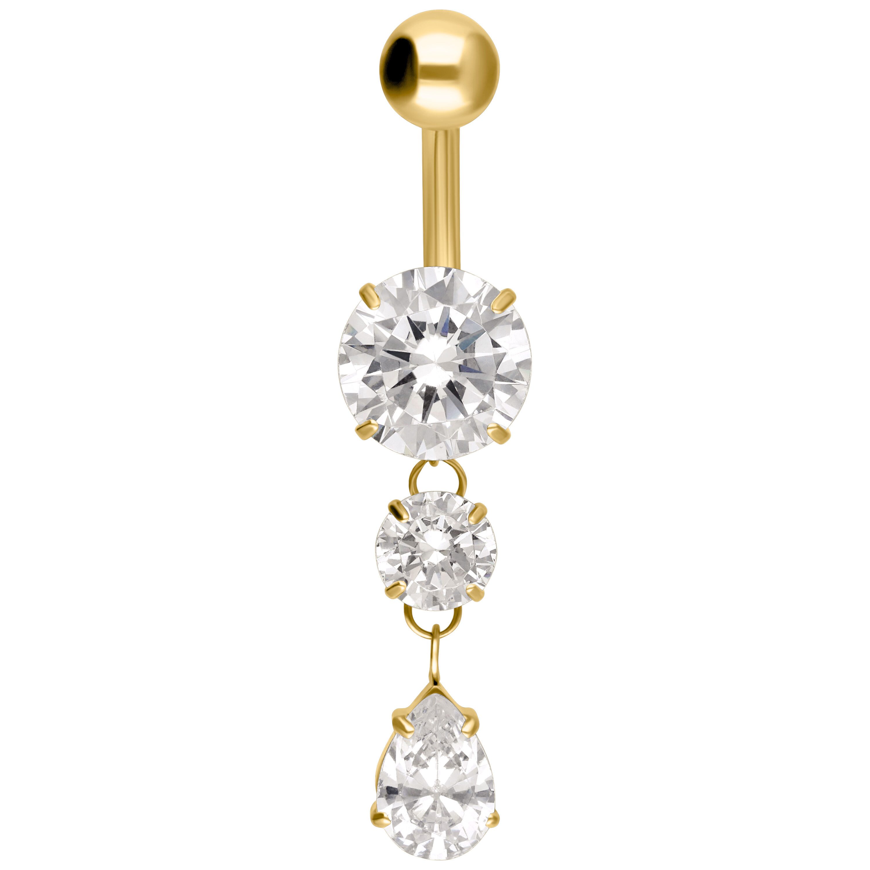Wildcat Bauchnabelpiercing Crystal Drop Bananabell für Bauchnabel, 1 Stück, Titan Grad 23 - wasserfest, hautverträglich, Gold-Kristallklar
