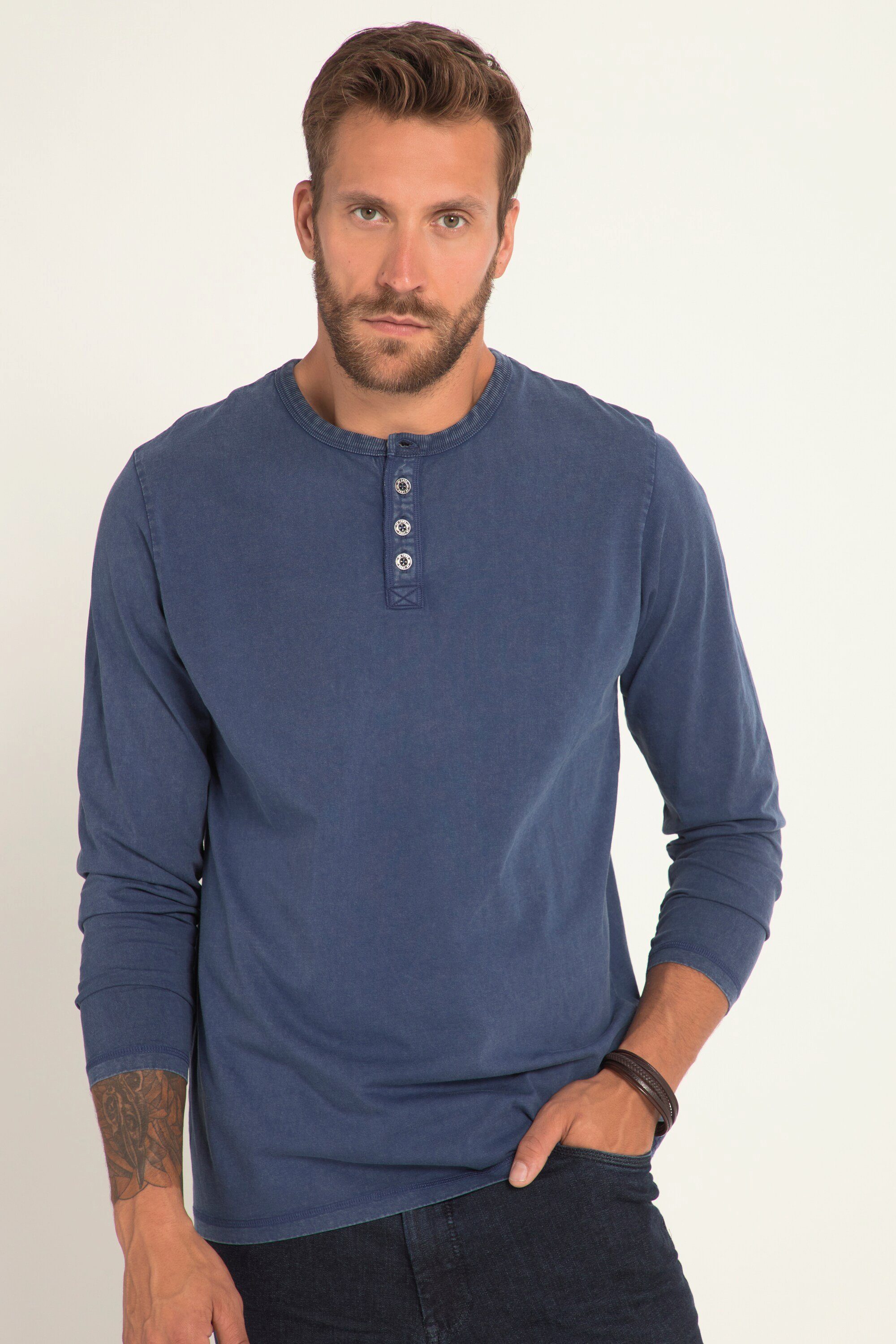 JP1880 T-Shirt Henley Langarm Vintage Look Rundhals Knopfleiste tiefblau