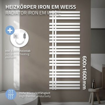 ECD Germany Elektrischer Badheizkörper Iron EM Design Badheizkörper Designheizkörper Handtuchtrockner, Elektrisch Heizstab 1200W 600x1600mm Weiß
