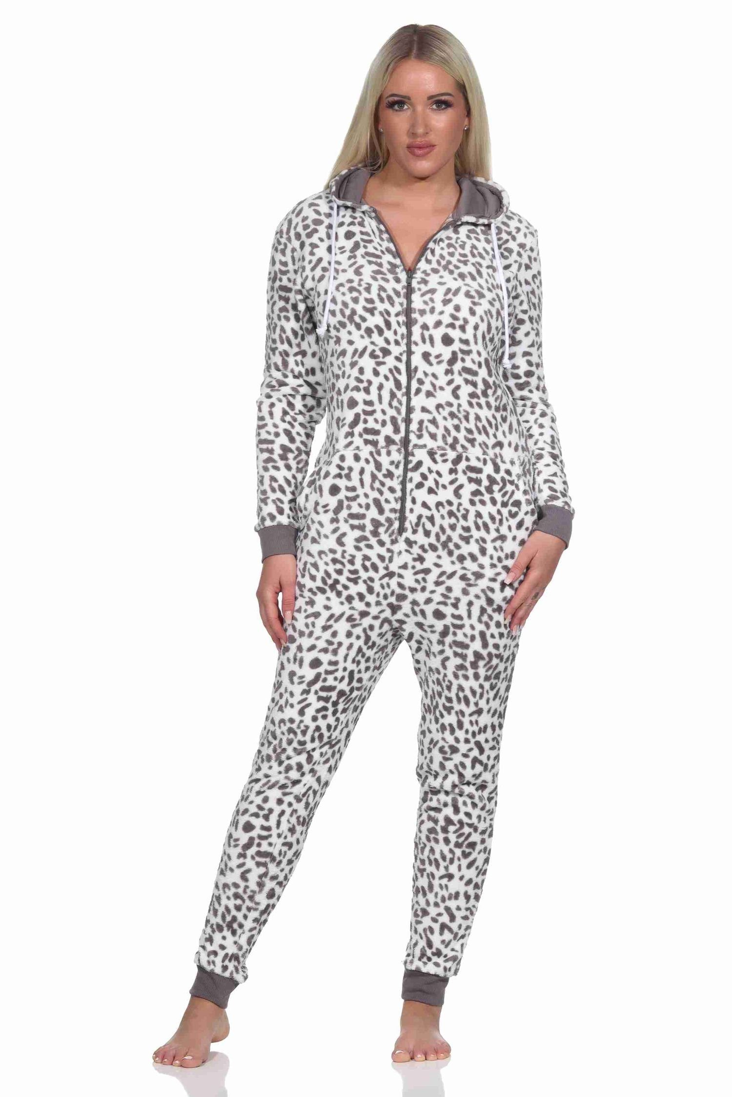 Normann Pyjama Damen Schlafanzug aus braun Coralfleece Einteiler Overall Jumpsuit
