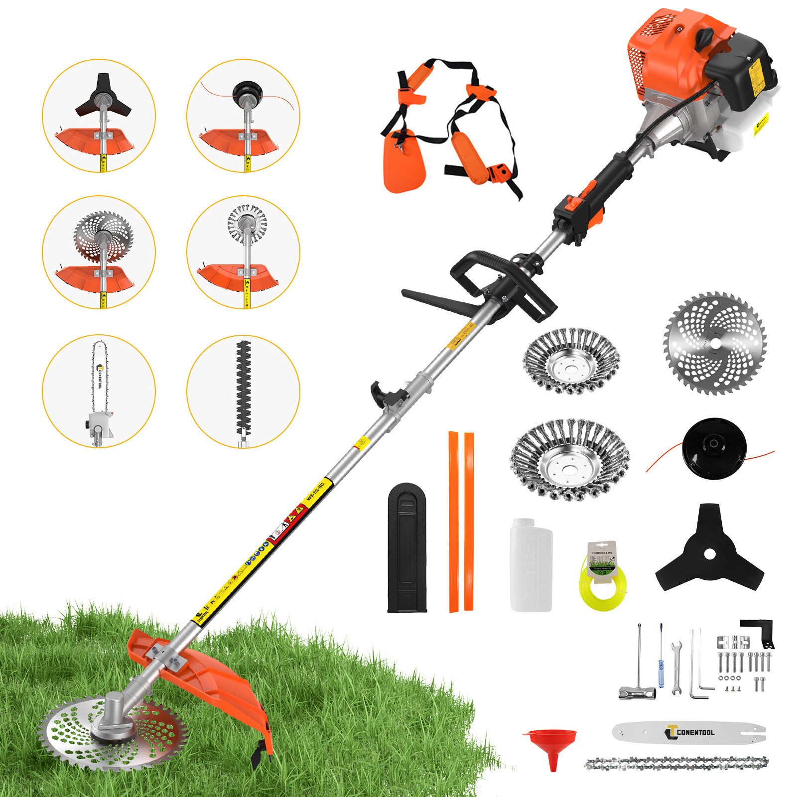CONENTOOL Benzin-Motorsense 52ccm, 2,5kW Benzin Rasentrimmer, 25.5 cm Arbeitsbreite Messer, 43 cm Arbeitsbreite Faden, 7-in-1 Multifunktions, Rasenmäher, Heckenschere, Motorsäge in einem