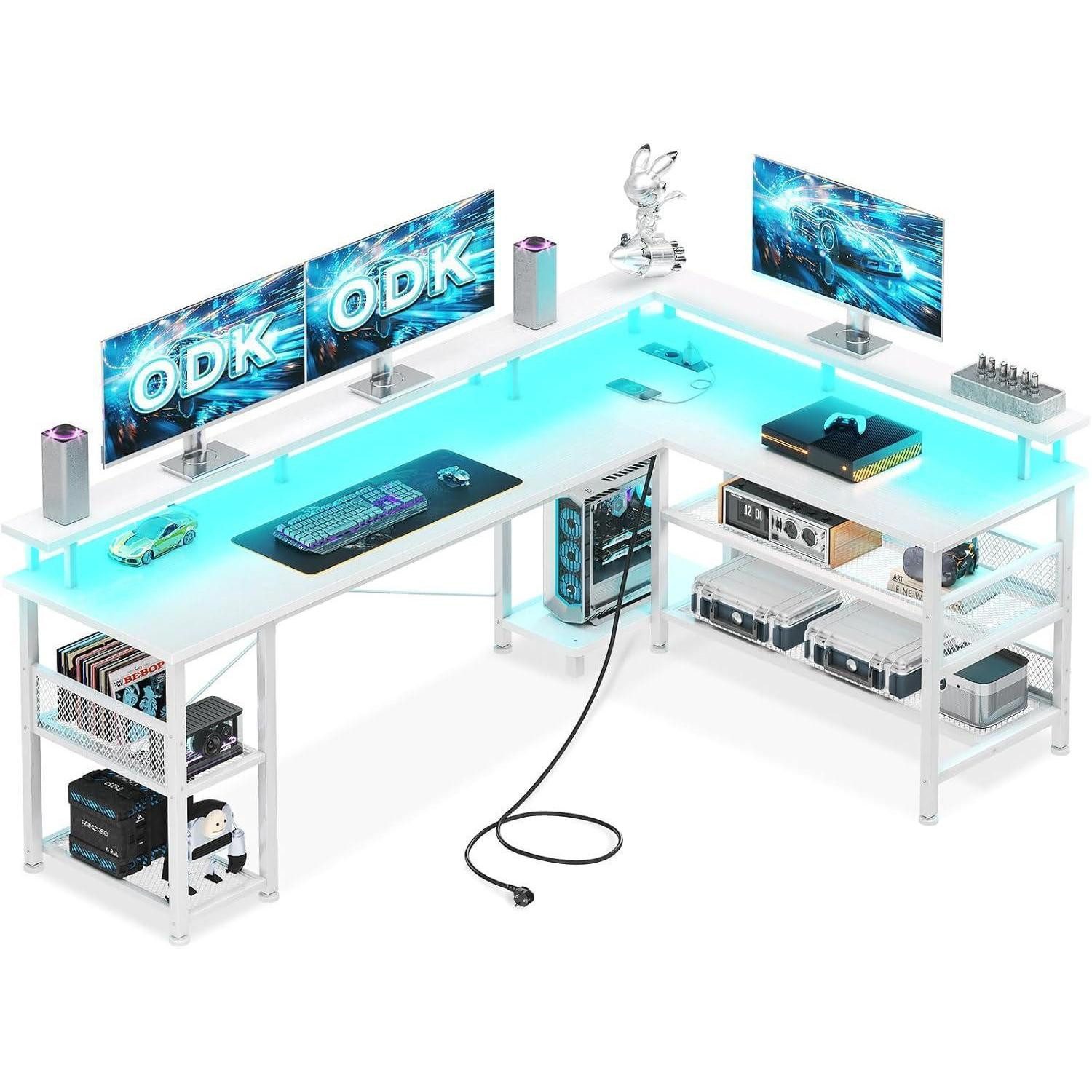 LuxusKollektion Gamingtisch Gaming Tisch LED 2 Steckdosen USB-Ladeanschlüssen Weiß 168×120cm
