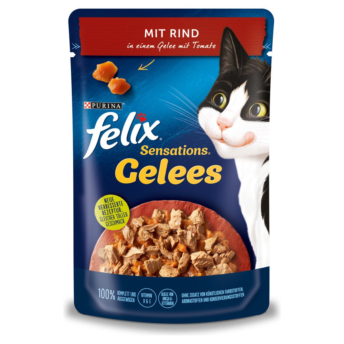 Felix Sensations Gelees mit Rind & Tomate 85 g, Nassfutter für: Katze