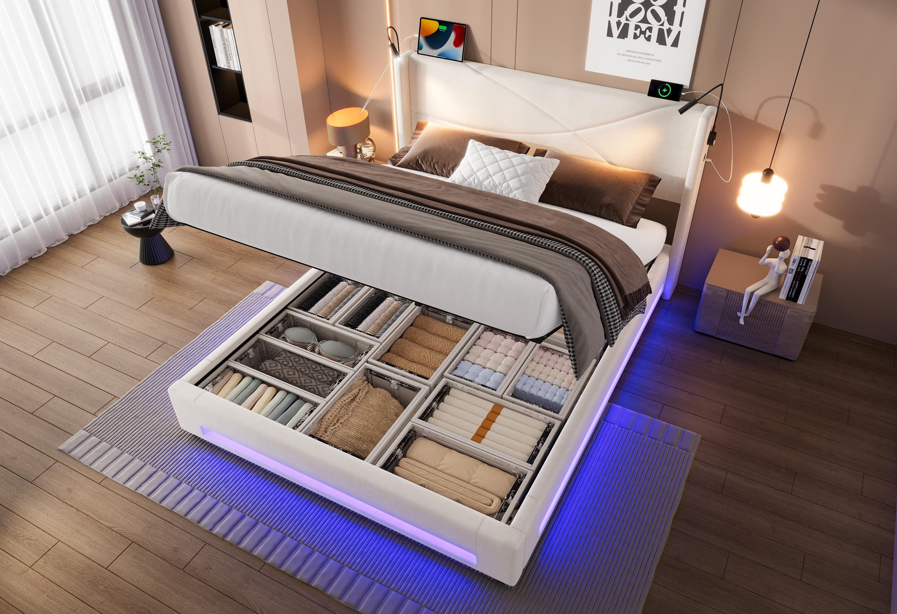 LVHOM Boxbett 140x200/160x200cm, Bettgestell mit integrierter Beleuchtung & günstig online kaufen