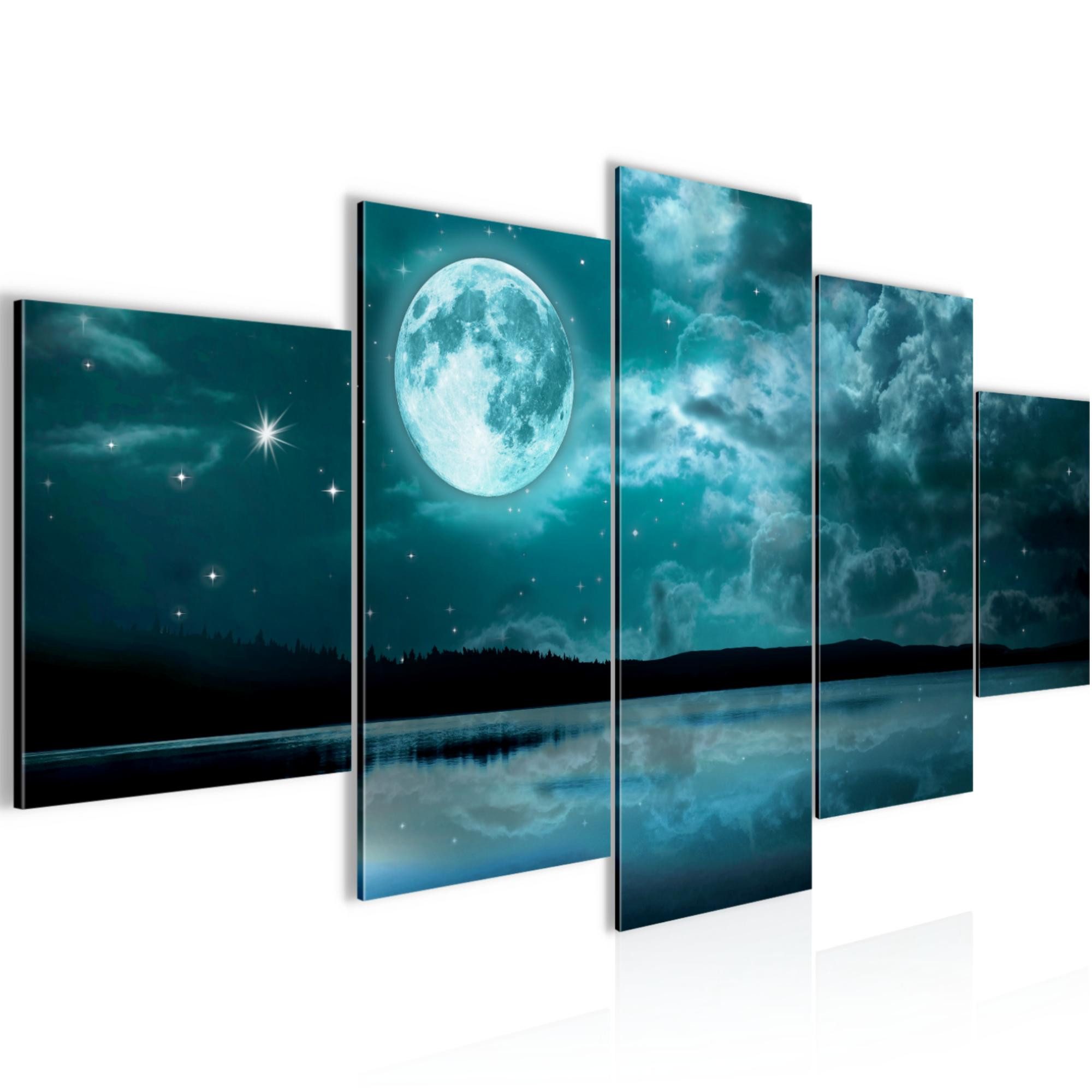 Runa Art Wandbild Bilder Nachthimmel Mond 5 Teilig Wanddekoration Design Türkis 607551c, 200L x 100B cm