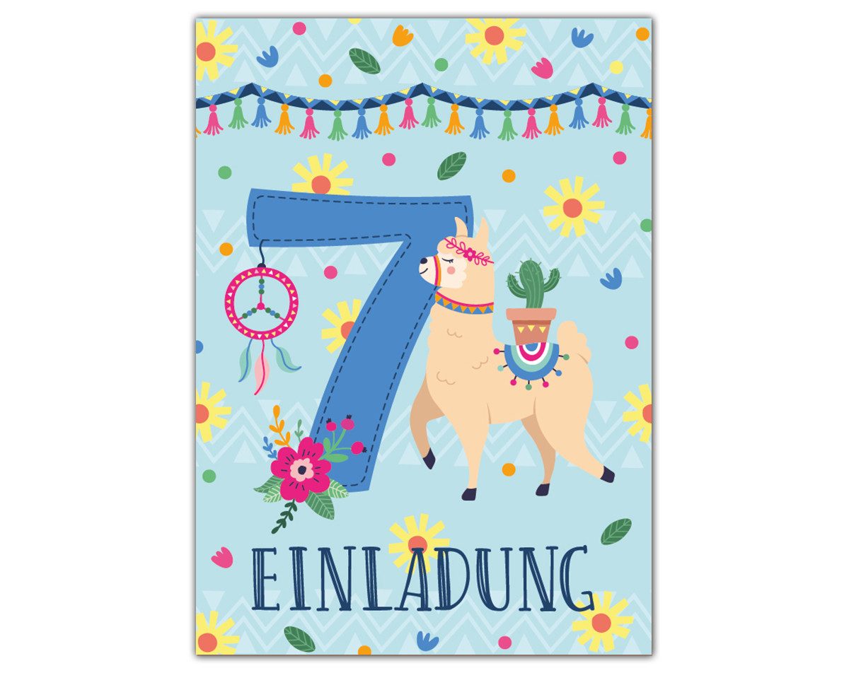 JUNAPACK Einladungskarten Lama Einladungen zum 7. Kindergeburtstag Karten Mädchen Alpaka Tiere, Einladungskarten mit einem Lama Tiere zum siebten Geburtstag