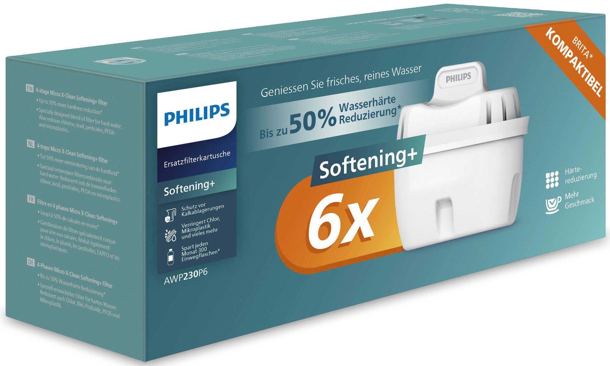 Philips Kalk- und Wasserfilter Micro X-Clean Softening, Zubehör für BRITA** MAXTRA**, MAXTRA+**, PerfectFit** und vielen anderen ovalen Filterkannen sowie ovale Philips Filterkannen., 6er Pack Kalk- und Wasserfilter