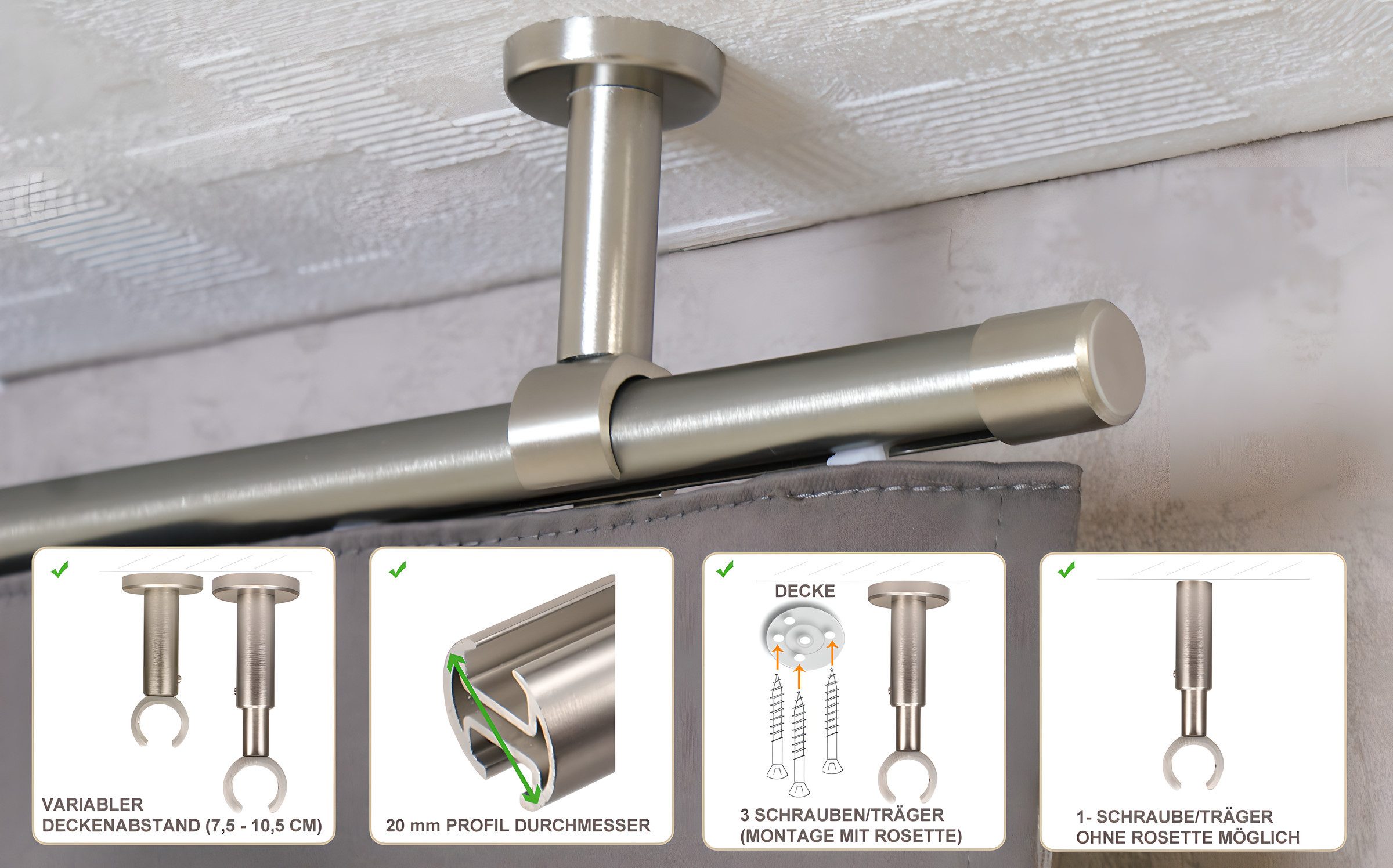 iso-design Gardinenstange Innenlauf zur Deckenmontage 20 mm Durchmesser variabler Deckenabstand, Ø 20 mm, kürzbar, Deckenmontage, geschraubt, Aluminium, Deckena – Bild 3 von 5
