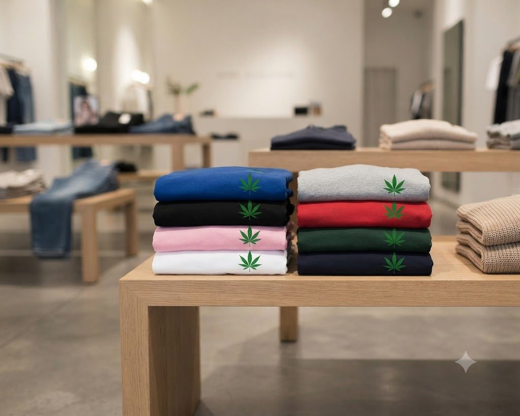Blondie & Brownie T-Shirt Damen T-Shirt Cannabis blatt Hanfblatt Weed Leaf Patch Basic Stil (Einzelstück, Einzelartikel) Cannabisblatt Stickerei Patch Shirt