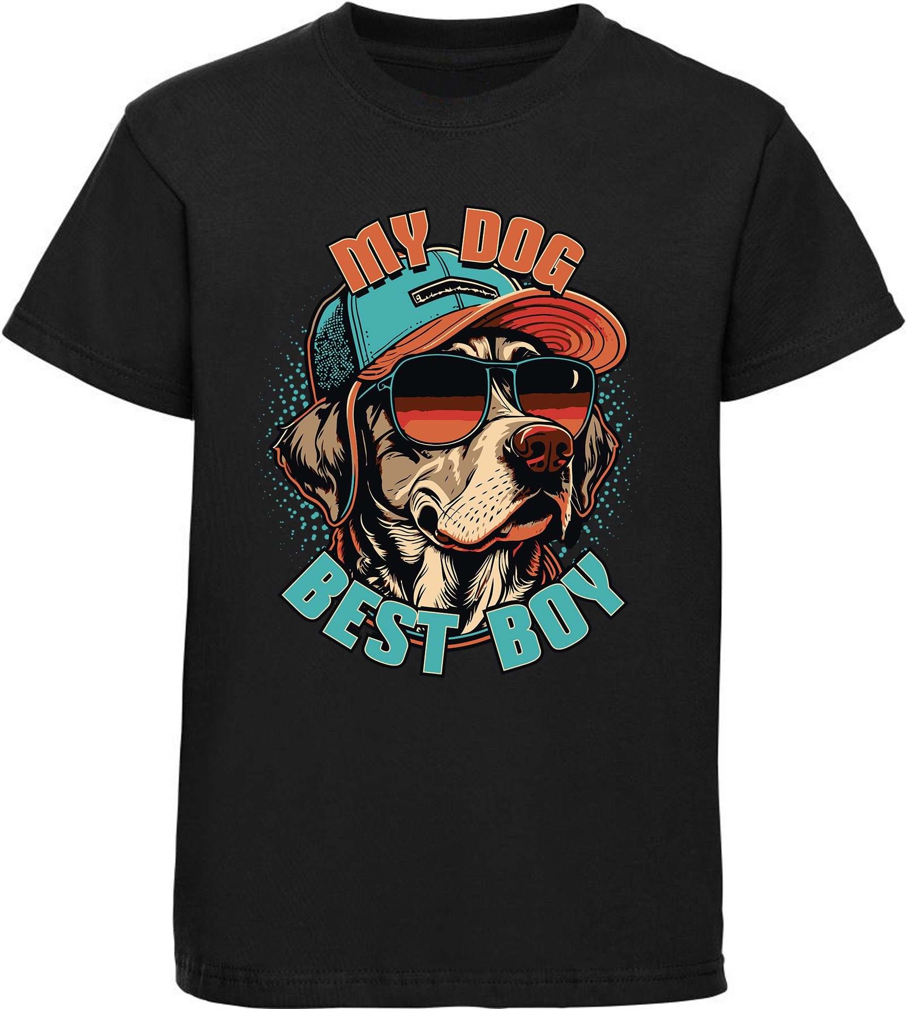 MyDesign24 Print-Shirt bedrucktes Kinder Hunde T-Shirt - Cooler Hund mit Cap Baumwollshirt mit Aufdruck, i225 schwarz